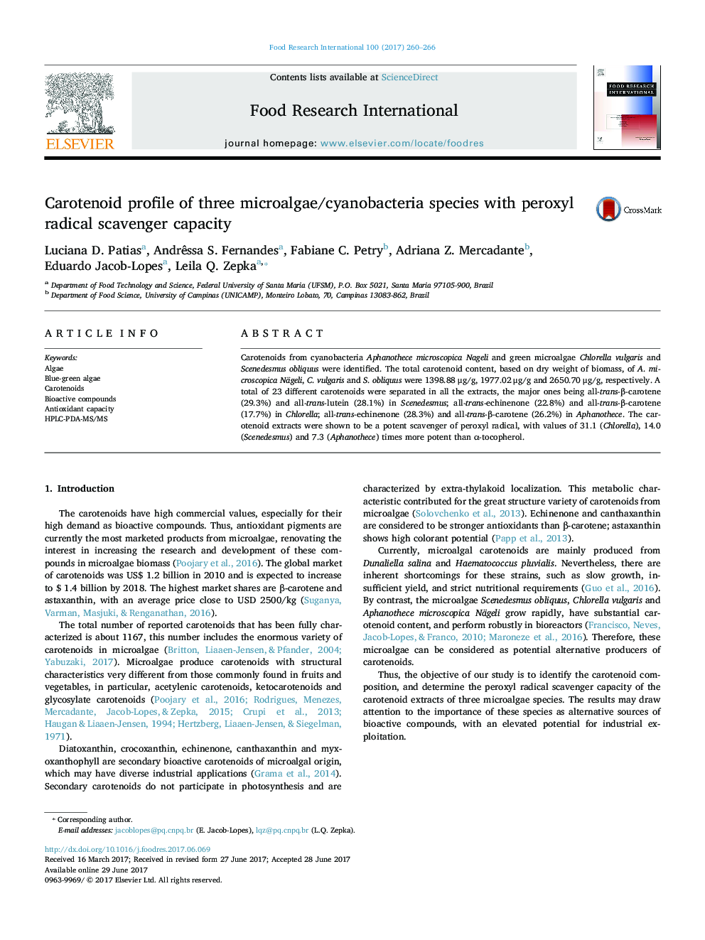 Carotenoid profile of three microalgae/cyanobacteria species with peroxyl radical scavenger capacity