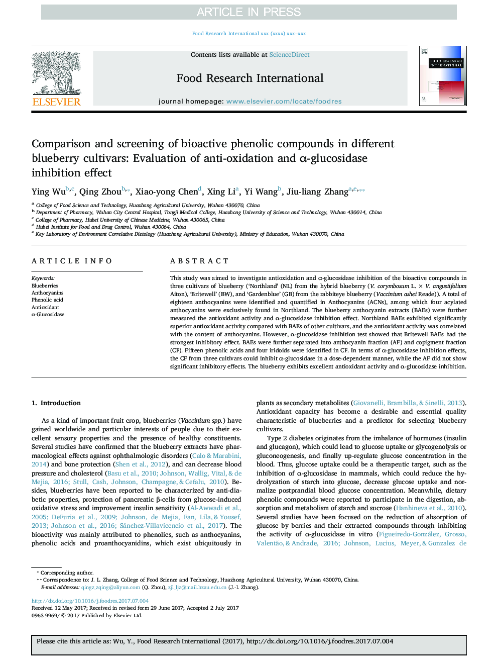 Comparison and screening of bioactive phenolic compounds in different blueberry cultivars: Evaluation of anti-oxidation and Î±-glucosidase inhibition effect