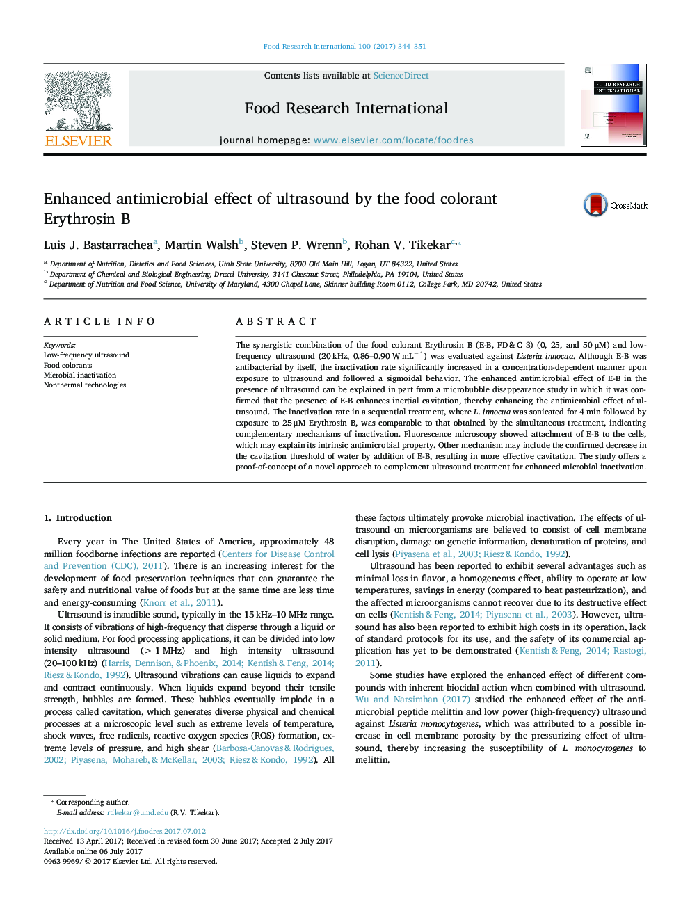 Enhanced antimicrobial effect of ultrasound by the food colorant Erythrosin B