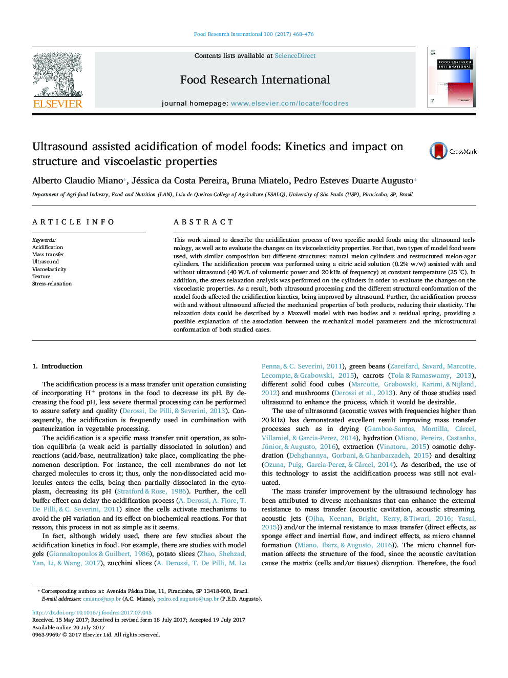 Ultrasound assisted acidification of model foods: Kinetics and impact on structure and viscoelastic properties