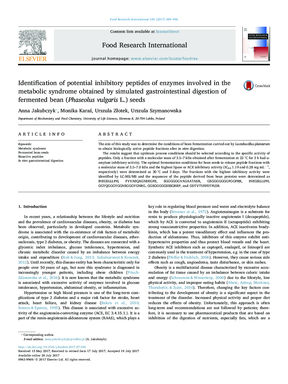 Identification of potential inhibitory peptides of enzymes involved in the metabolic syndrome obtained by simulated gastrointestinal digestion of fermented bean (Phaseolus vulgaris L.) seeds