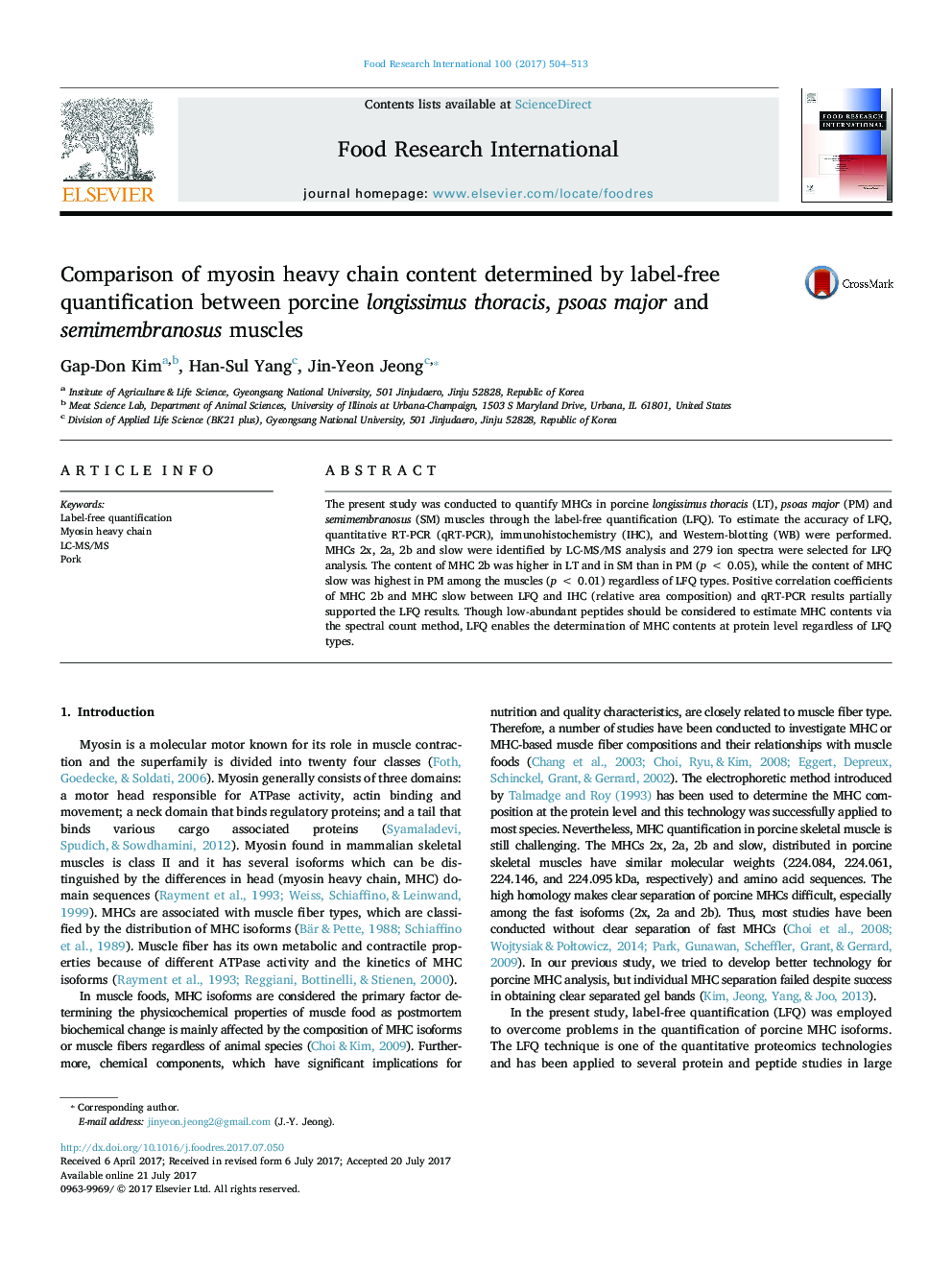 Comparison of myosin heavy chain content determined by label-free quantification between porcine longissimus thoracis, psoas major and semimembranosus muscles