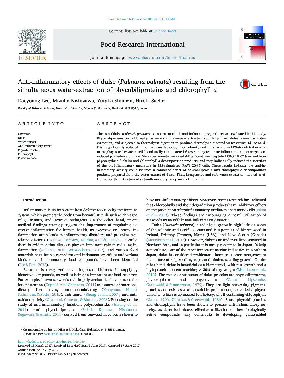 Anti-inflammatory effects of dulse (Palmaria palmata) resulting from the simultaneous water-extraction of phycobiliproteins and chlorophyll a