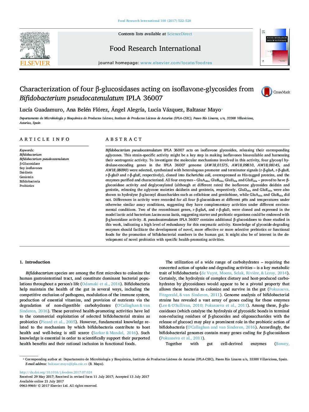 Characterization of four Î²-glucosidases acting on isoflavone-glycosides from Bifidobacterium pseudocatenulatum IPLA 36007