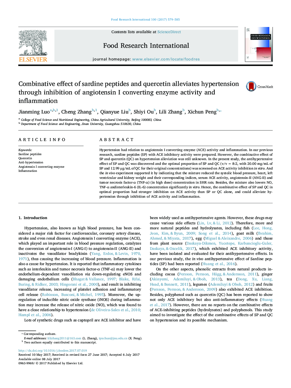 Combinative effect of sardine peptides and quercetin alleviates hypertension through inhibition of angiotensin I converting enzyme activity and inflammation