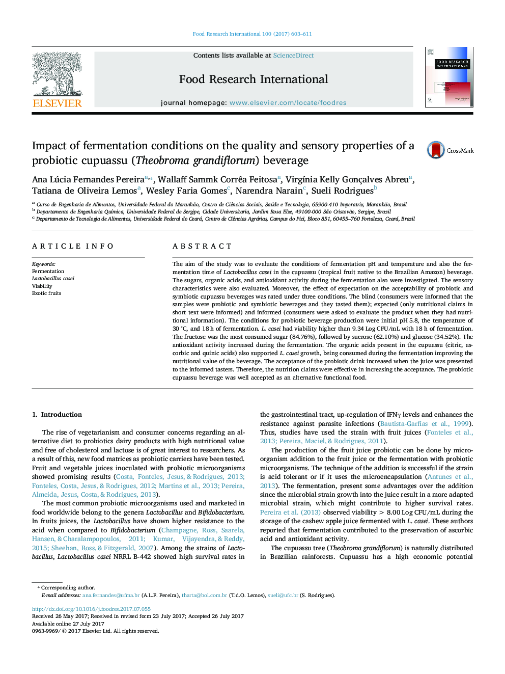 Impact of fermentation conditions on the quality and sensory properties of a probiotic cupuassu (Theobroma grandiflorum) beverage