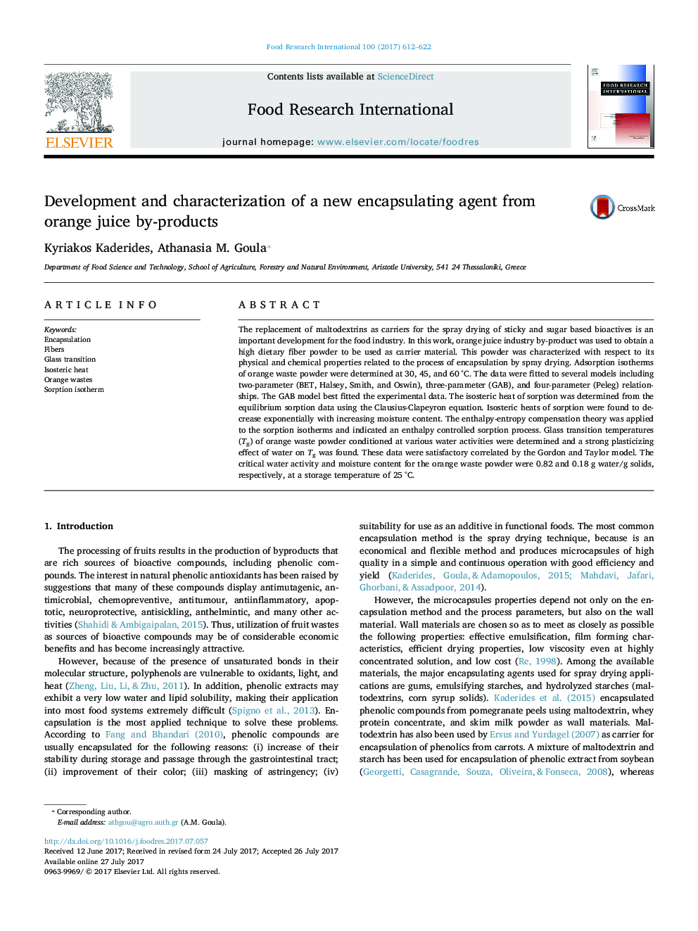 Development and characterization of a new encapsulating agent from orange juice by-products