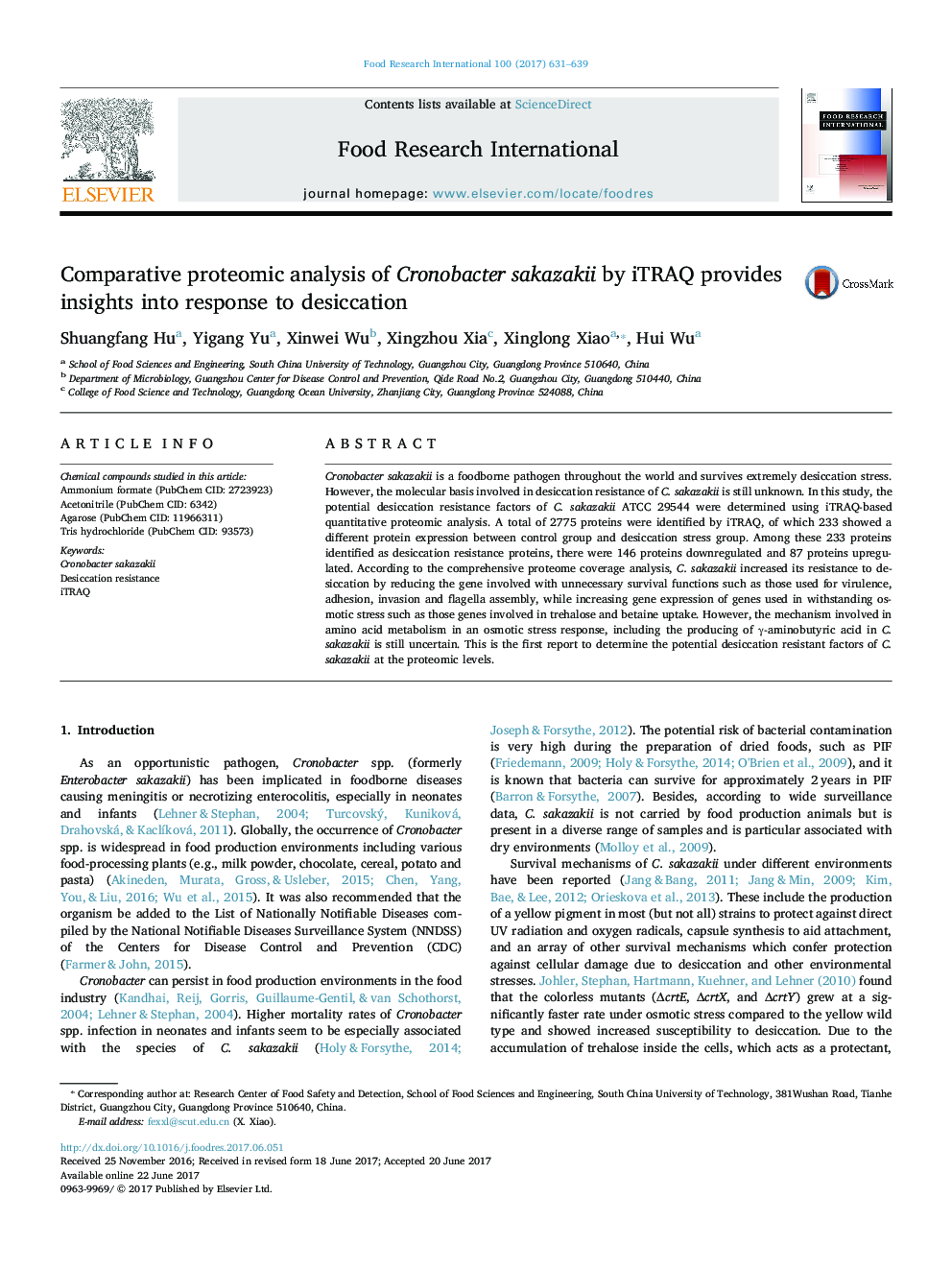 Comparative proteomic analysis of Cronobacter sakazakii by iTRAQ provides insights into response to desiccation