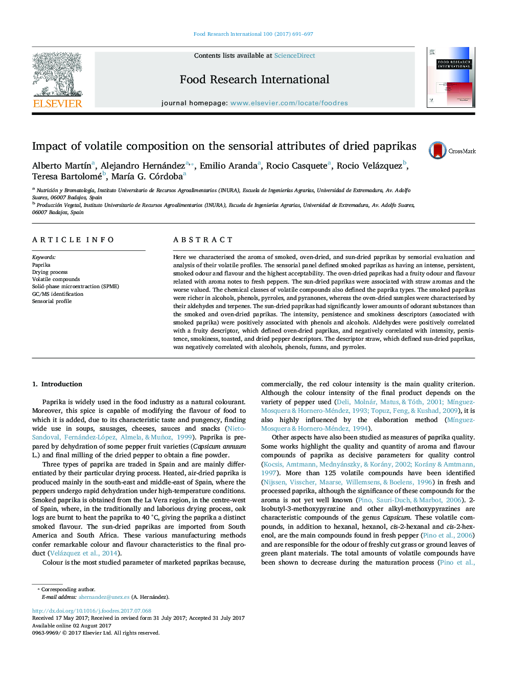 Impact of volatile composition on the sensorial attributes of dried paprikas