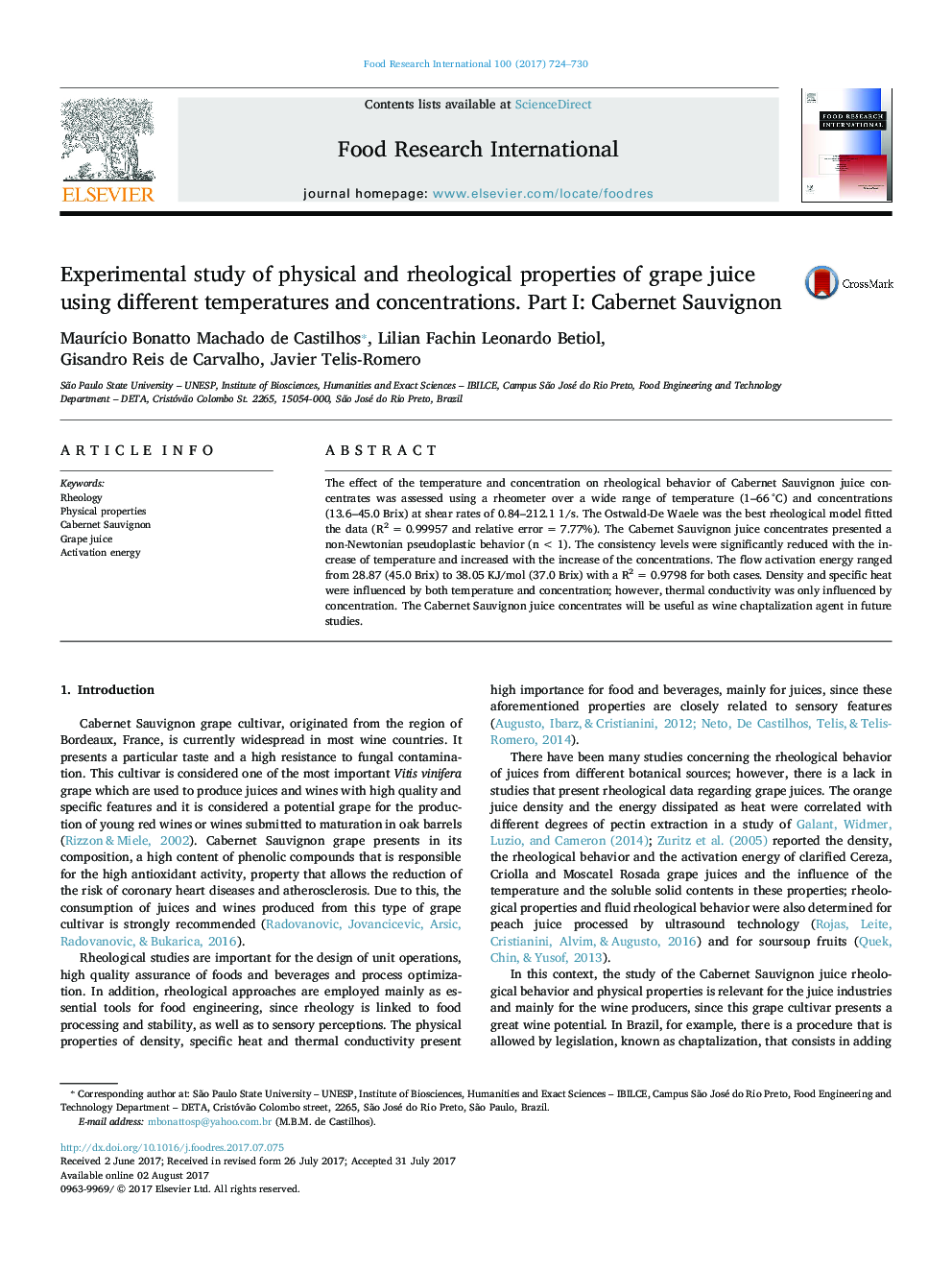 Experimental study of physical and rheological properties of grape juice using different temperatures and concentrations. Part I: Cabernet Sauvignon