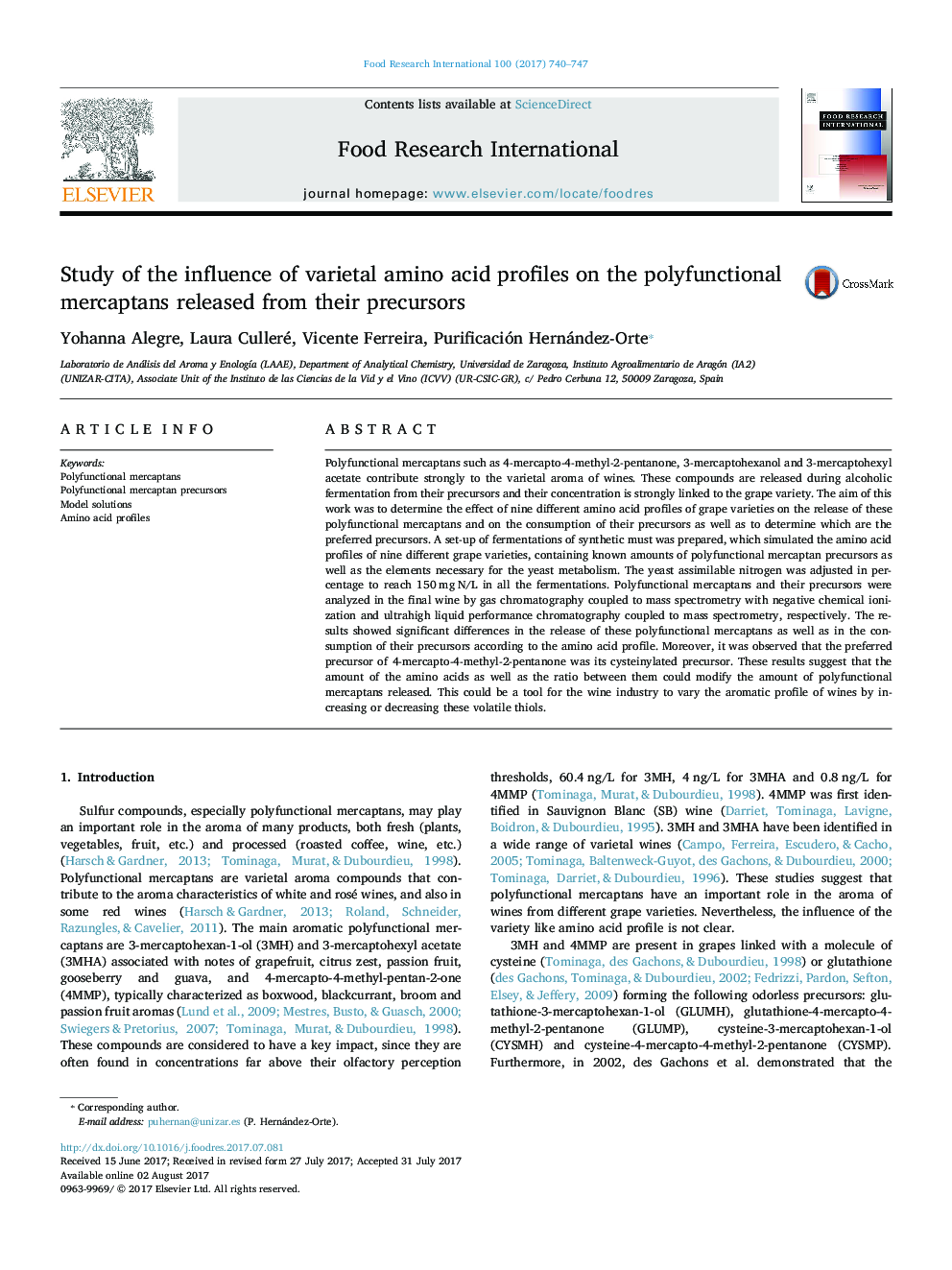 Study of the influence of varietal amino acid profiles on the polyfunctional mercaptans released from their precursors