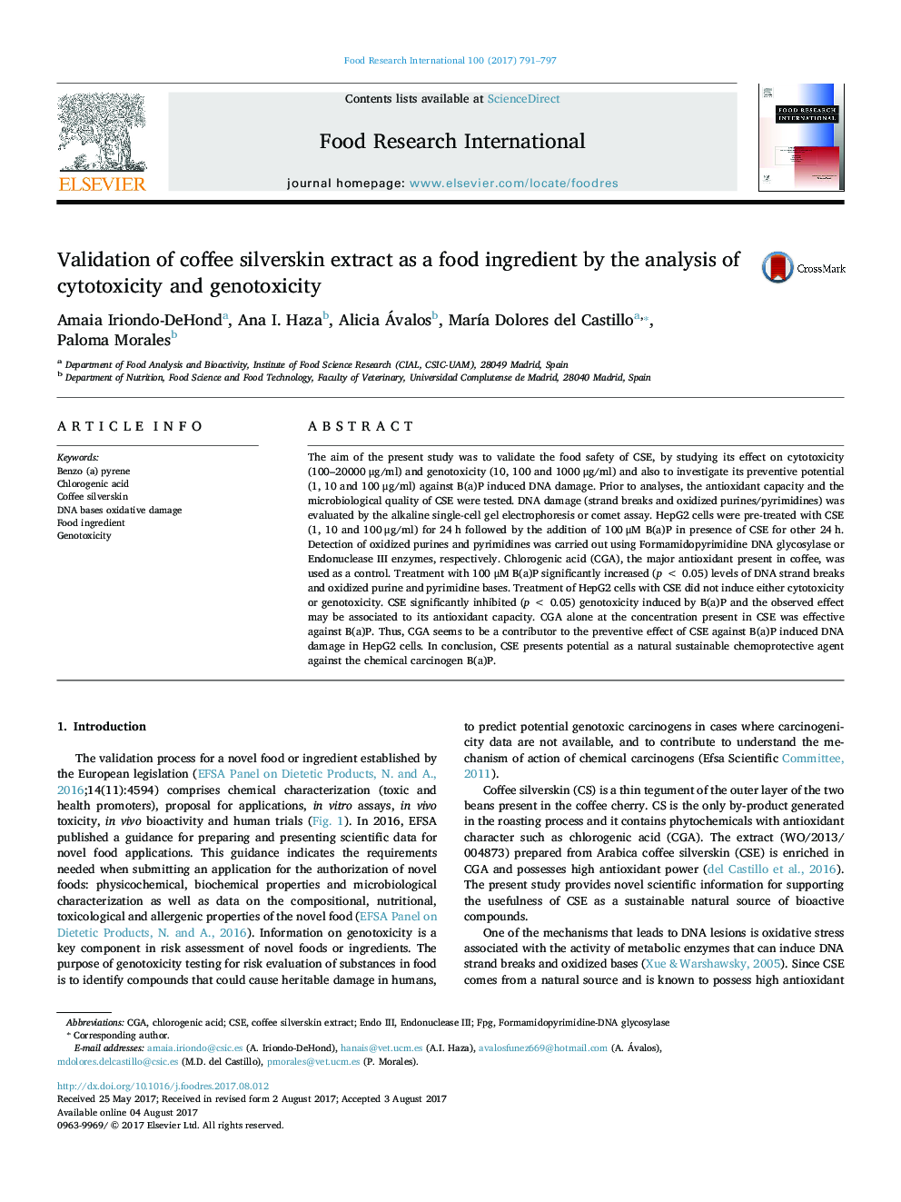 Validation of coffee silverskin extract as a food ingredient by the analysis of cytotoxicity and genotoxicity