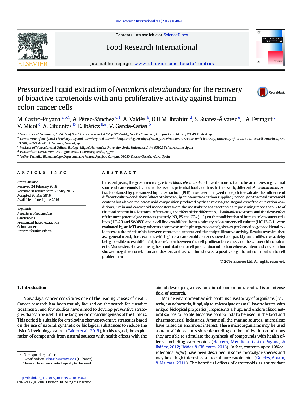 Pressurized liquid extraction of Neochloris oleoabundans for the recovery of bioactive carotenoids with anti-proliferative activity against human colon cancer cells