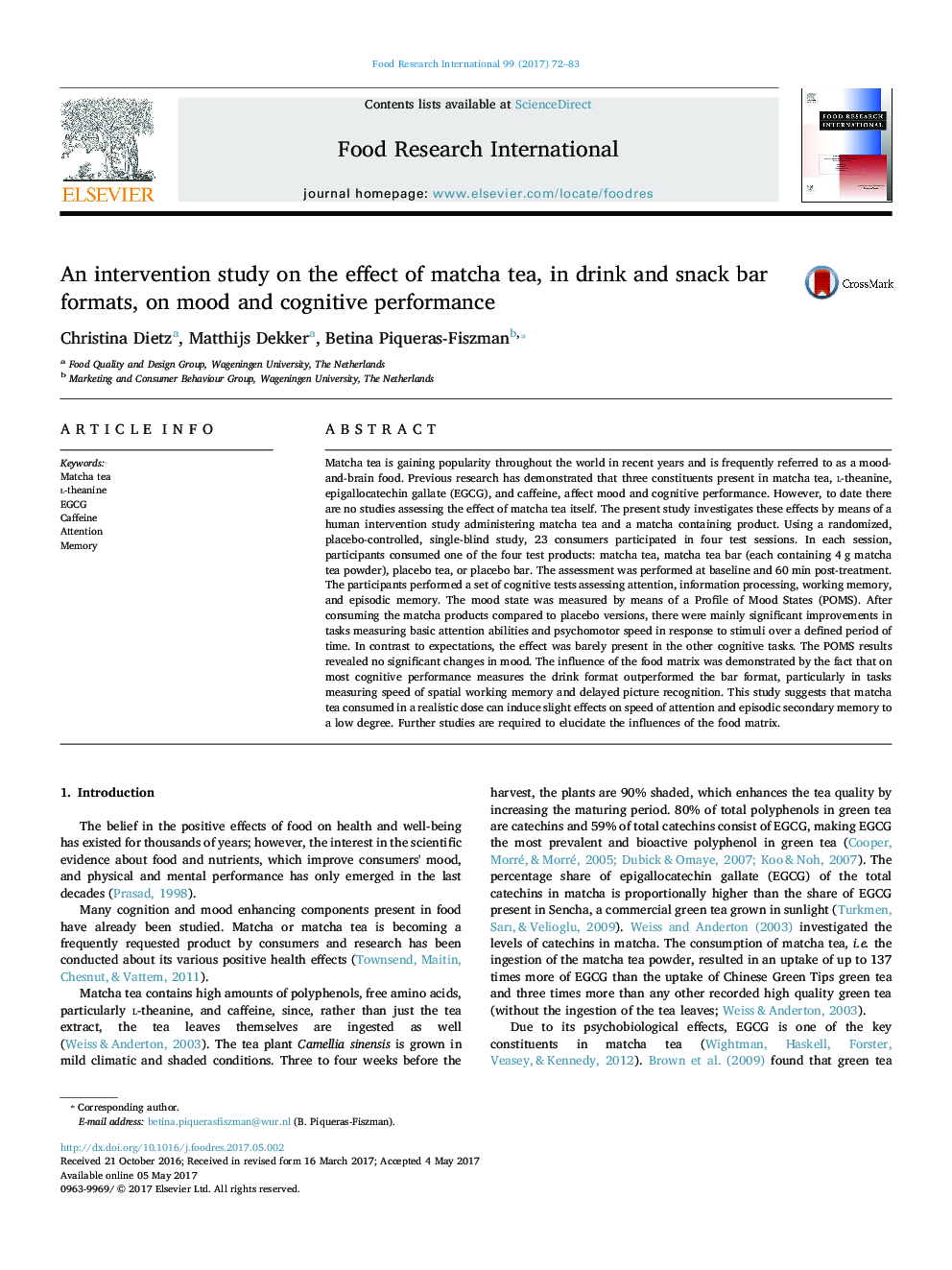 An intervention study on the effect of matcha tea, in drink and snack bar formats, on mood and cognitive performance