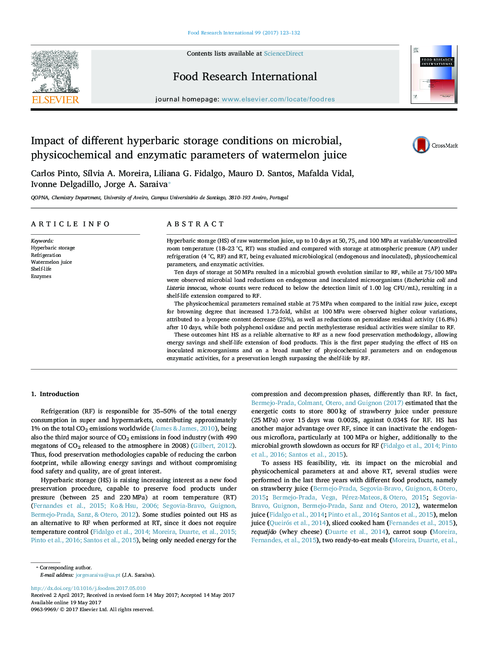 Impact of different hyperbaric storage conditions on microbial, physicochemical and enzymatic parameters of watermelon juice