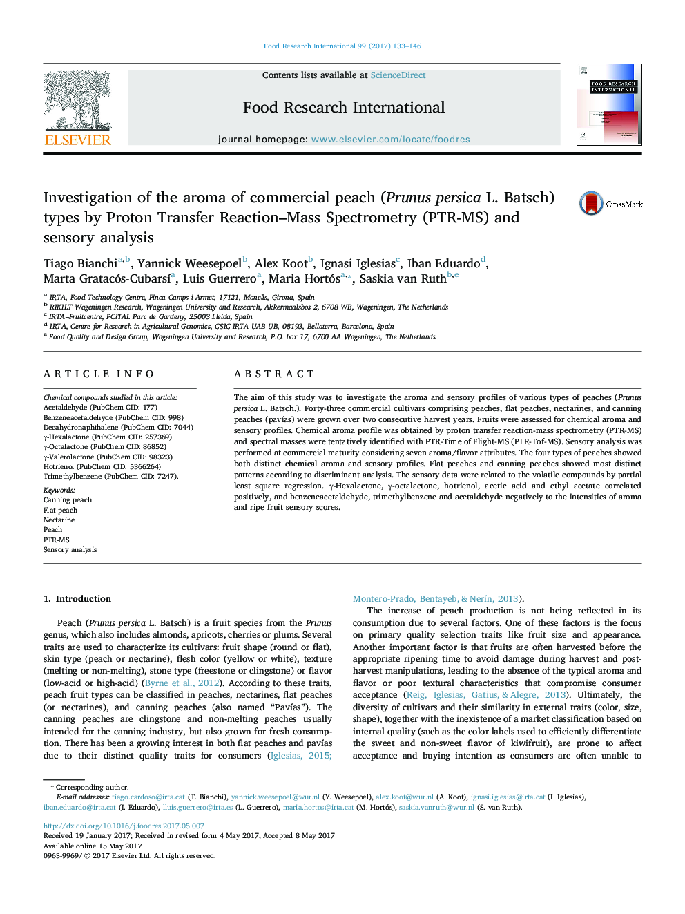 Investigation of the aroma of commercial peach (Prunus persica L. Batsch) types by Proton Transfer Reaction-Mass Spectrometry (PTR-MS) and sensory analysis