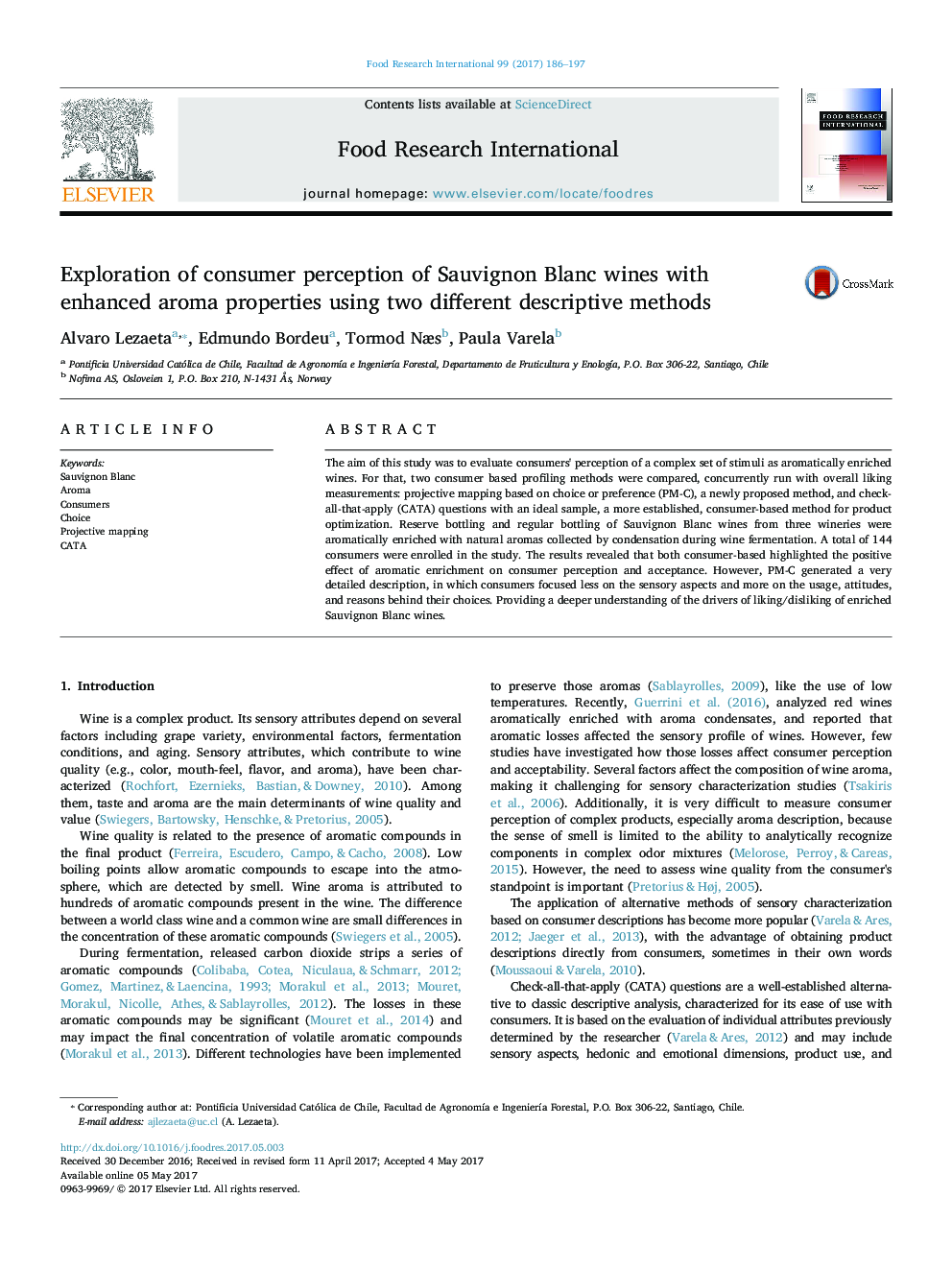 Exploration of consumer perception of Sauvignon Blanc wines with enhanced aroma properties using two different descriptive methods