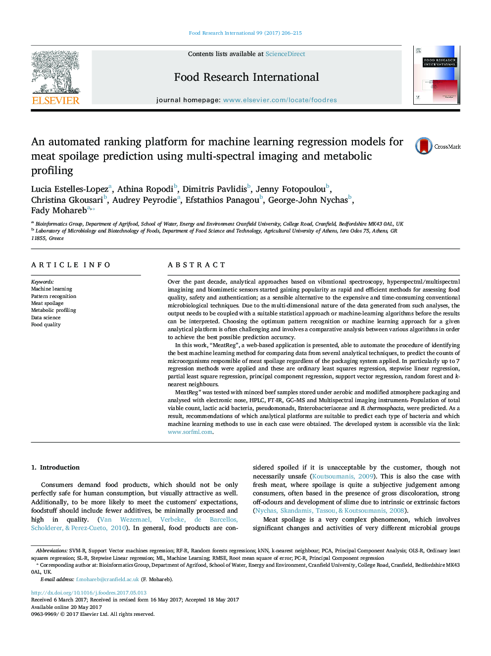 An automated ranking platform for machine learning regression models for meat spoilage prediction using multi-spectral imaging and metabolic profiling