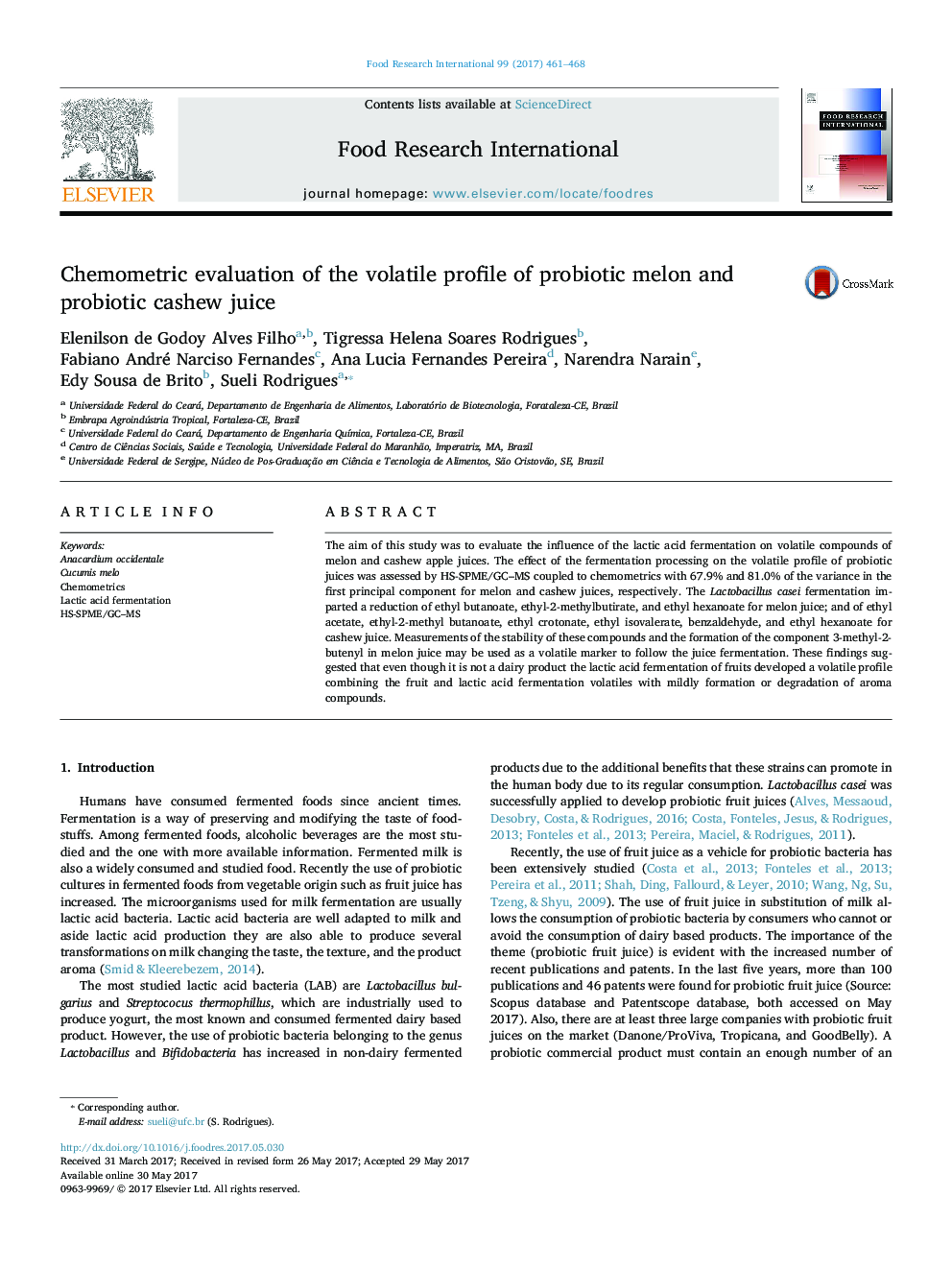 Chemometric evaluation of the volatile profile of probiotic melon and probiotic cashew juice