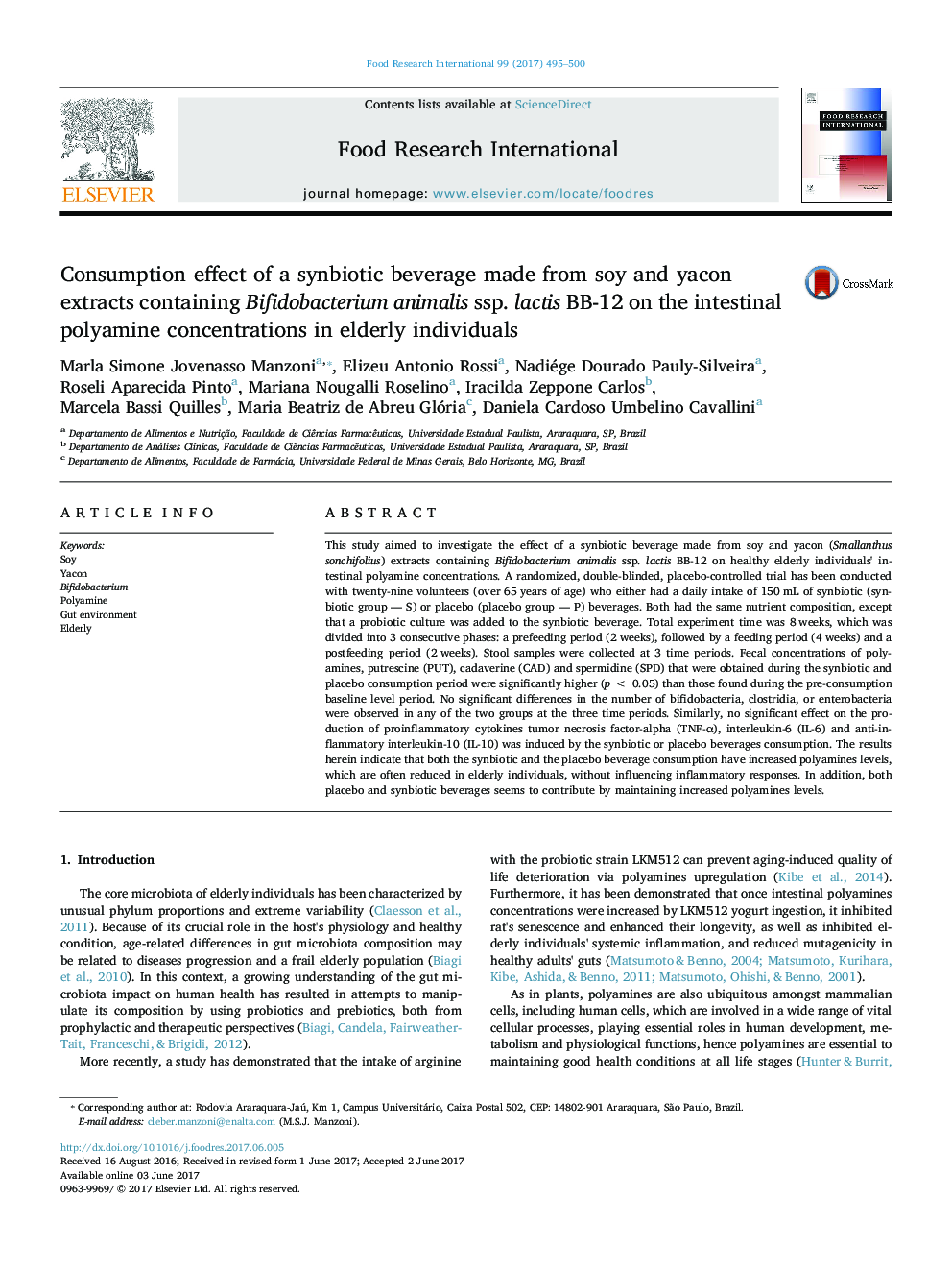 Consumption effect of a synbiotic beverage made from soy and yacon extracts containing Bifidobacterium animalis ssp. lactis BB-12 on the intestinal polyamine concentrations in elderly individuals