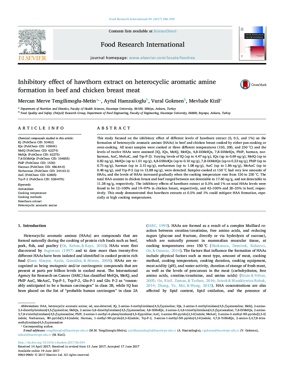 Inhibitory effect of hawthorn extract on heterocyclic aromatic amine formation in beef and chicken breast meat