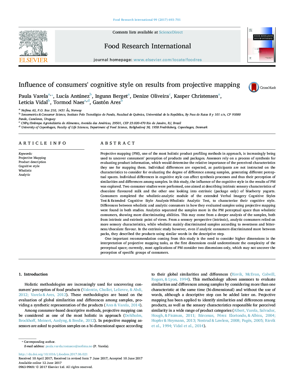 Influence of consumers' cognitive style on results from projective mapping