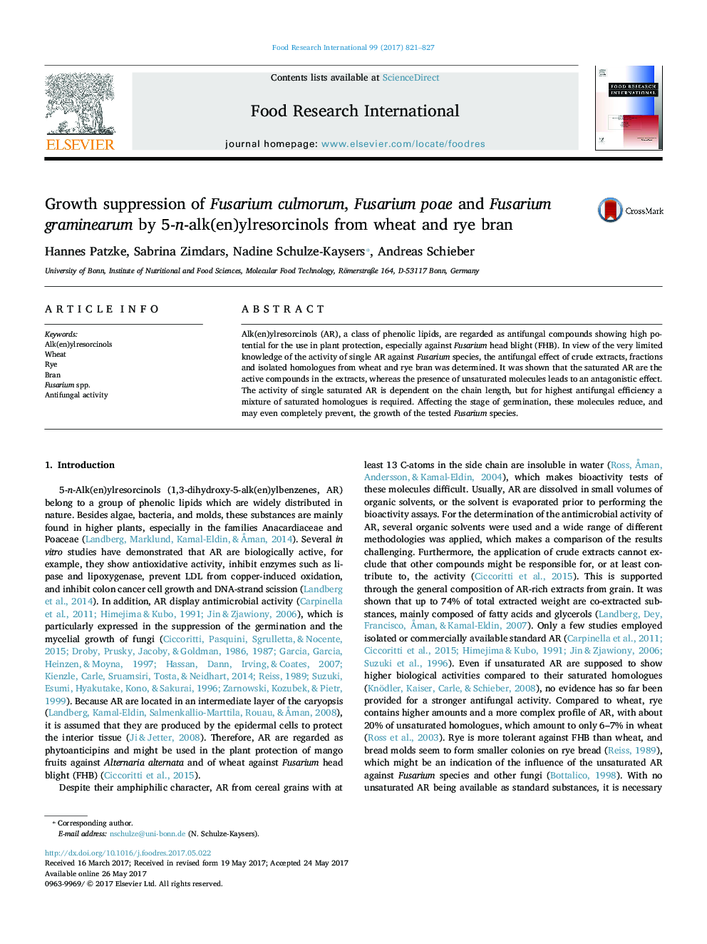 Growth suppression of Fusarium culmorum, Fusarium poae and Fusarium graminearum by 5-n-alk(en)ylresorcinols from wheat and rye bran