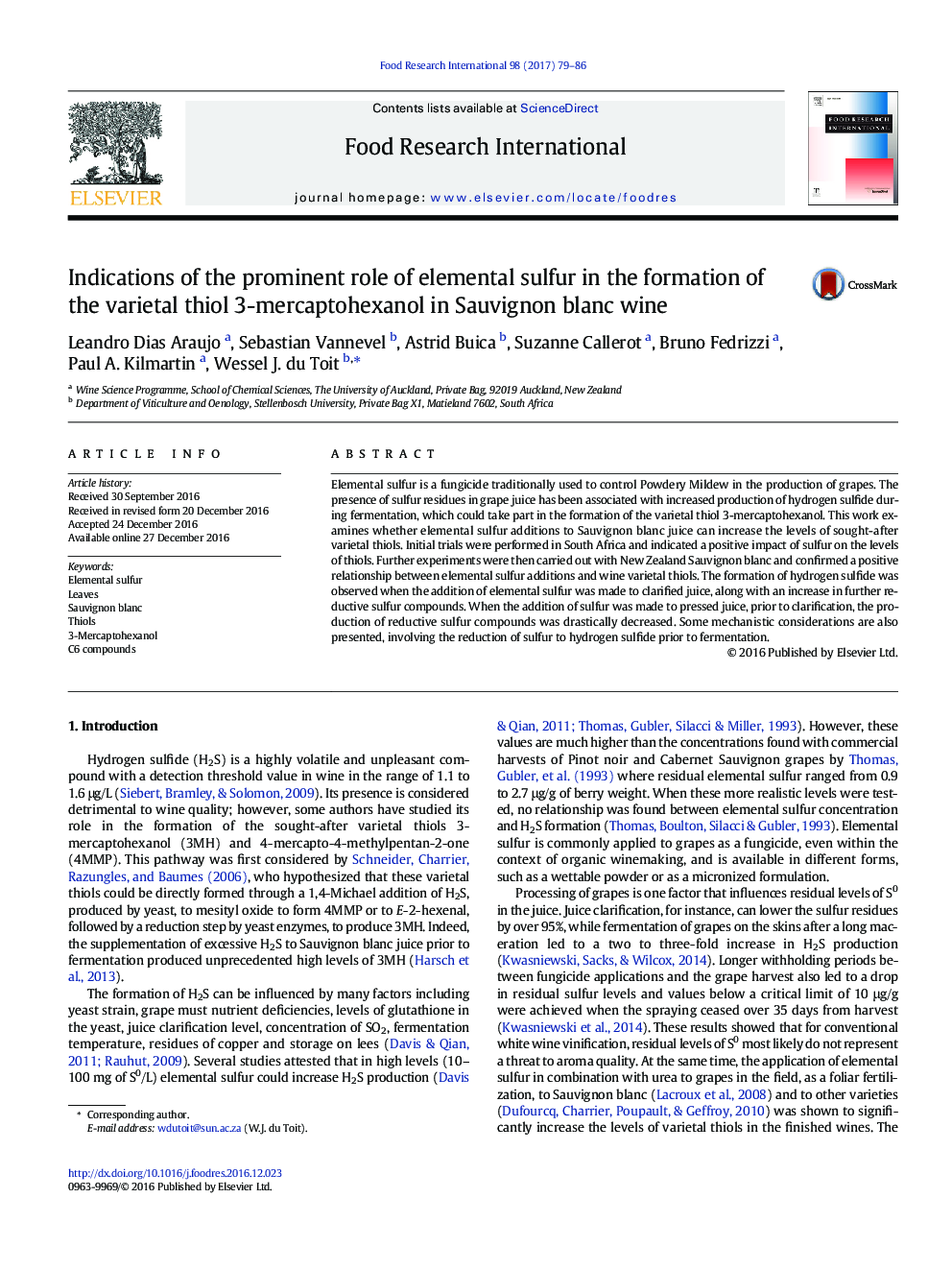 Indications of the prominent role of elemental sulfur in the formation of the varietal thiol 3-mercaptohexanol in Sauvignon blanc wine