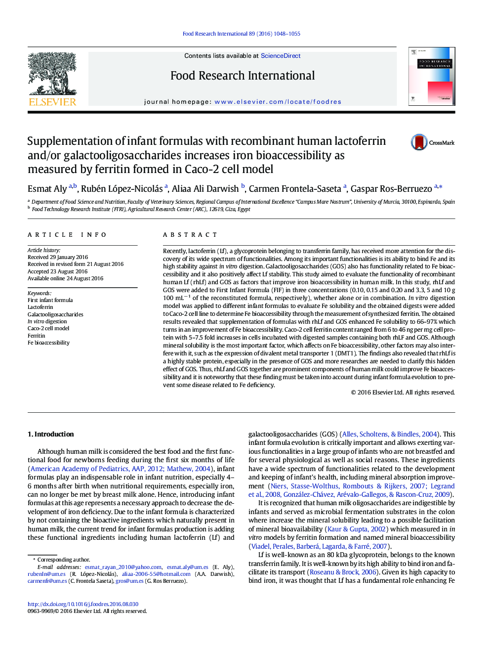 Supplementation of infant formulas with recombinant human lactoferrin and/or galactooligosaccharides increases iron bioaccessibility as measured by ferritin formed in Caco-2 cell model