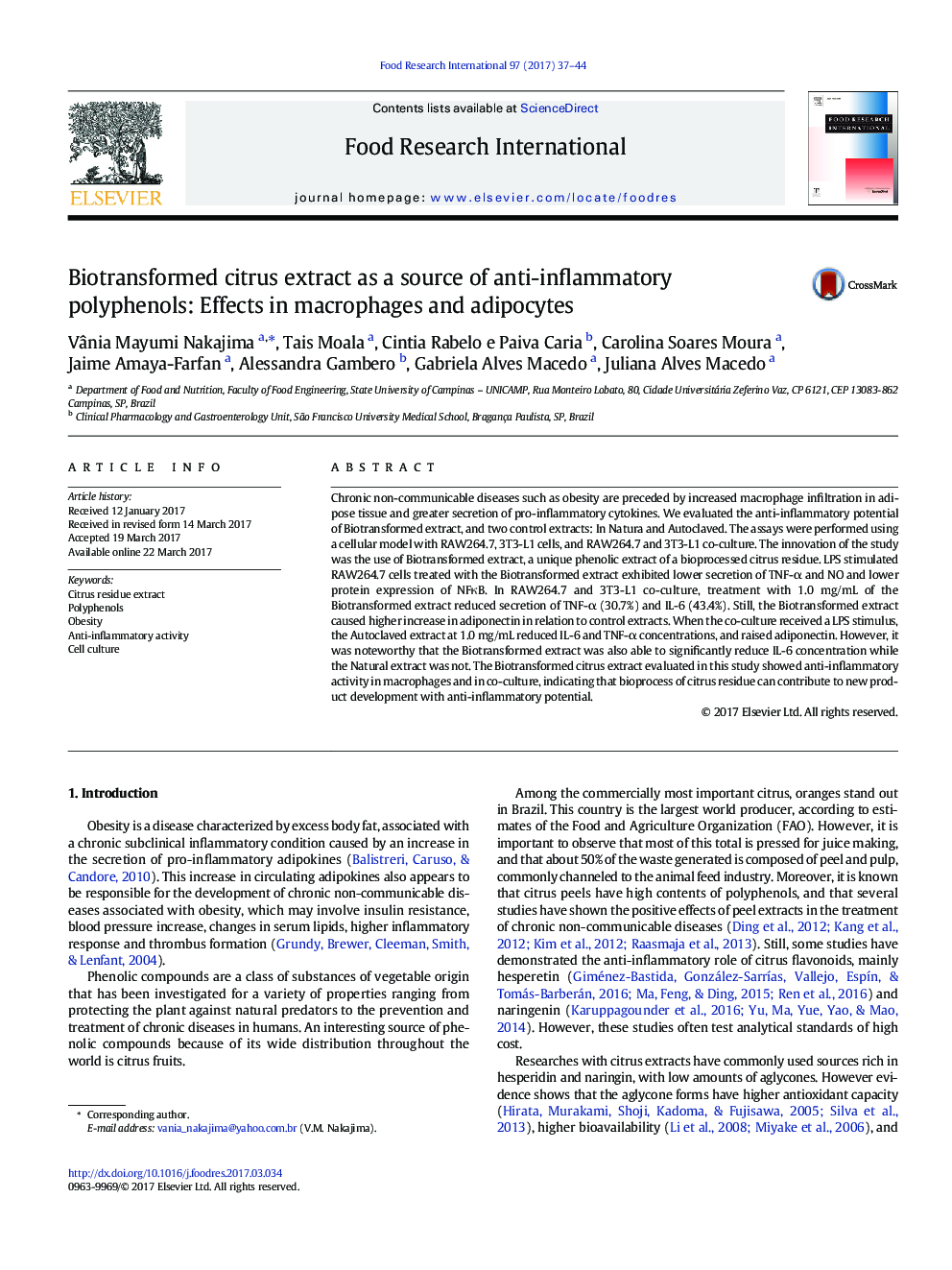 Biotransformed citrus extract as a source of anti-inflammatory polyphenols: Effects in macrophages and adipocytes