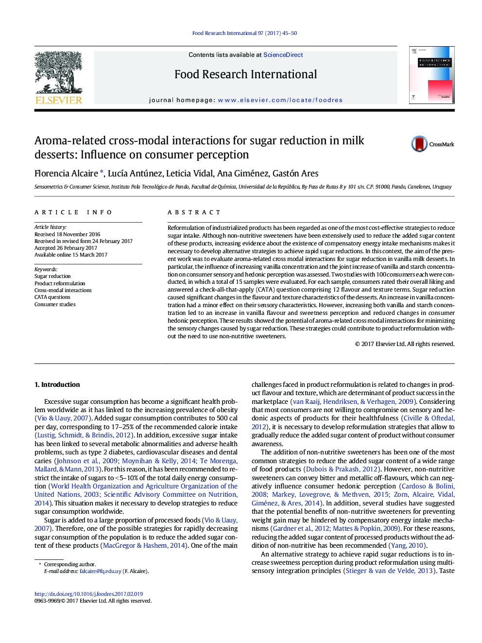 Aroma-related cross-modal interactions for sugar reduction in milk desserts: Influence on consumer perception