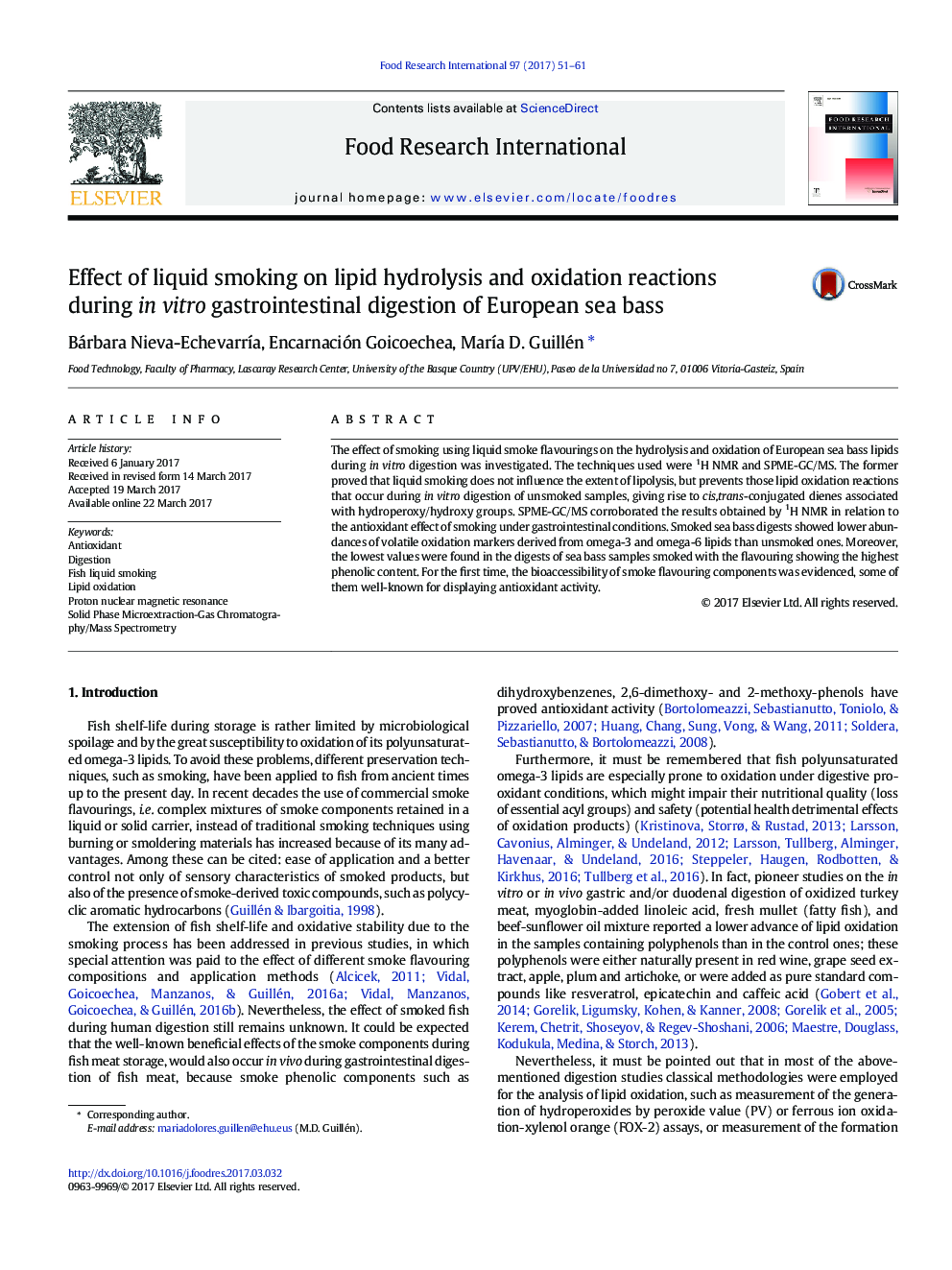 Effect of liquid smoking on lipid hydrolysis and oxidation reactions during in vitro gastrointestinal digestion of European sea bass