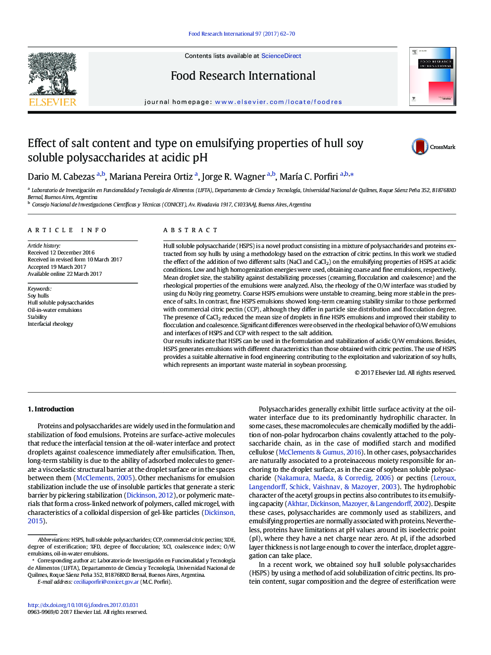 Effect of salt content and type on emulsifying properties of hull soy soluble polysaccharides at acidic pH