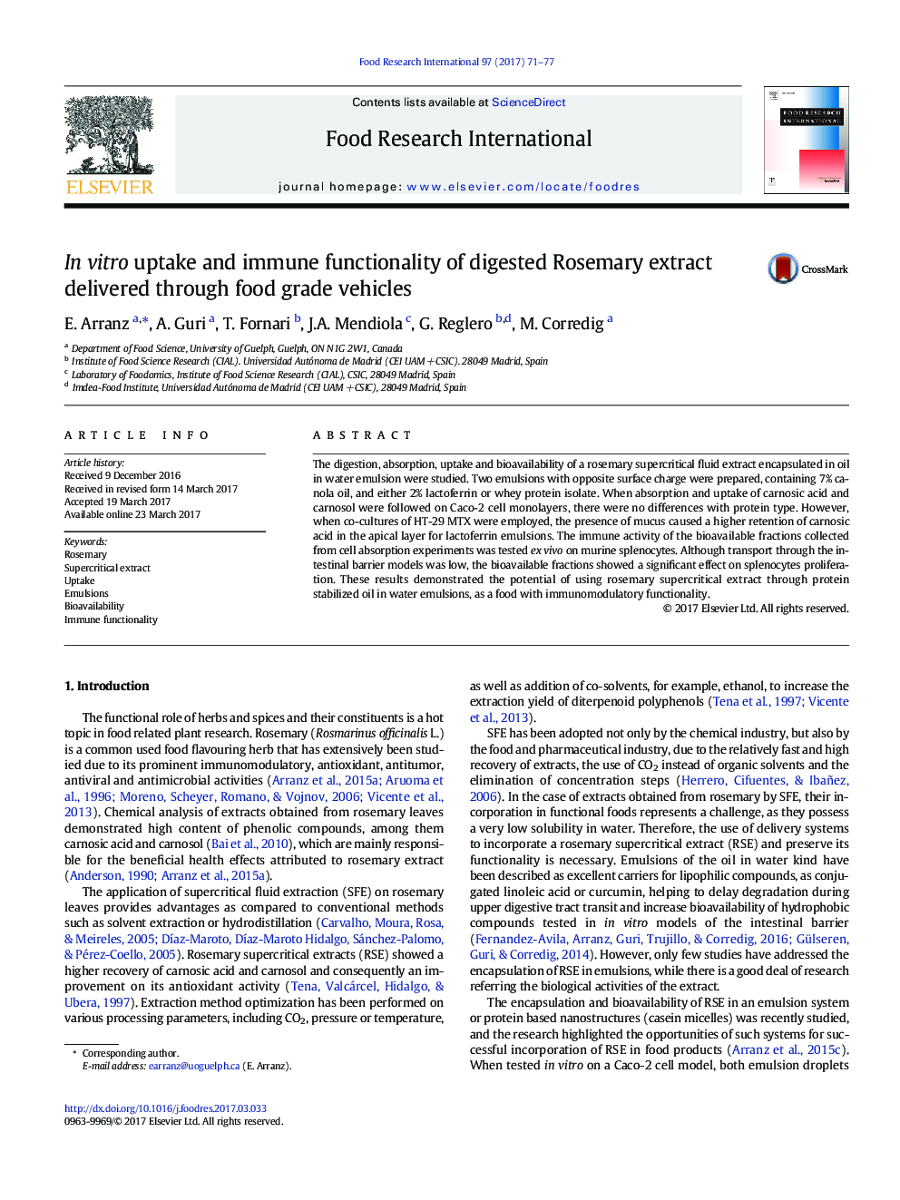 In vitro uptake and immune functionality of digested Rosemary extract delivered through food grade vehicles