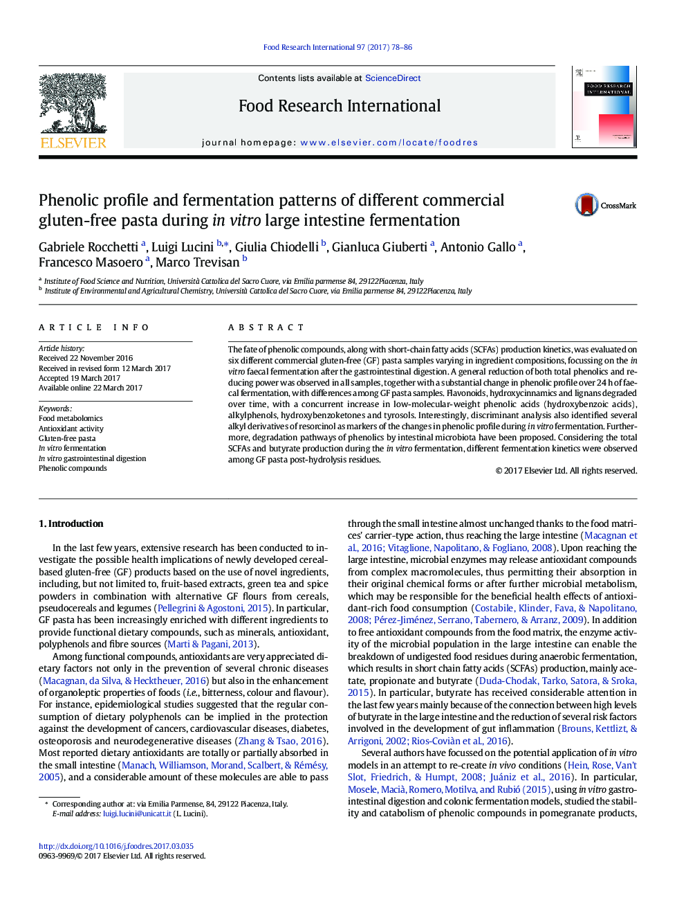 Phenolic profile and fermentation patterns of different commercial gluten-free pasta during in vitro large intestine fermentation