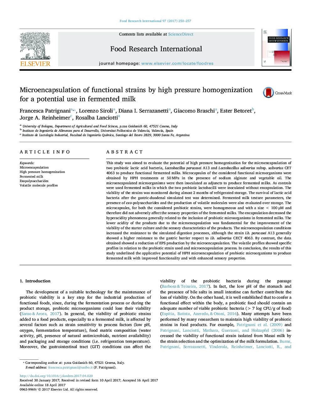 Microencapsulation of functional strains by high pressure homogenization for a potential use in fermented milk