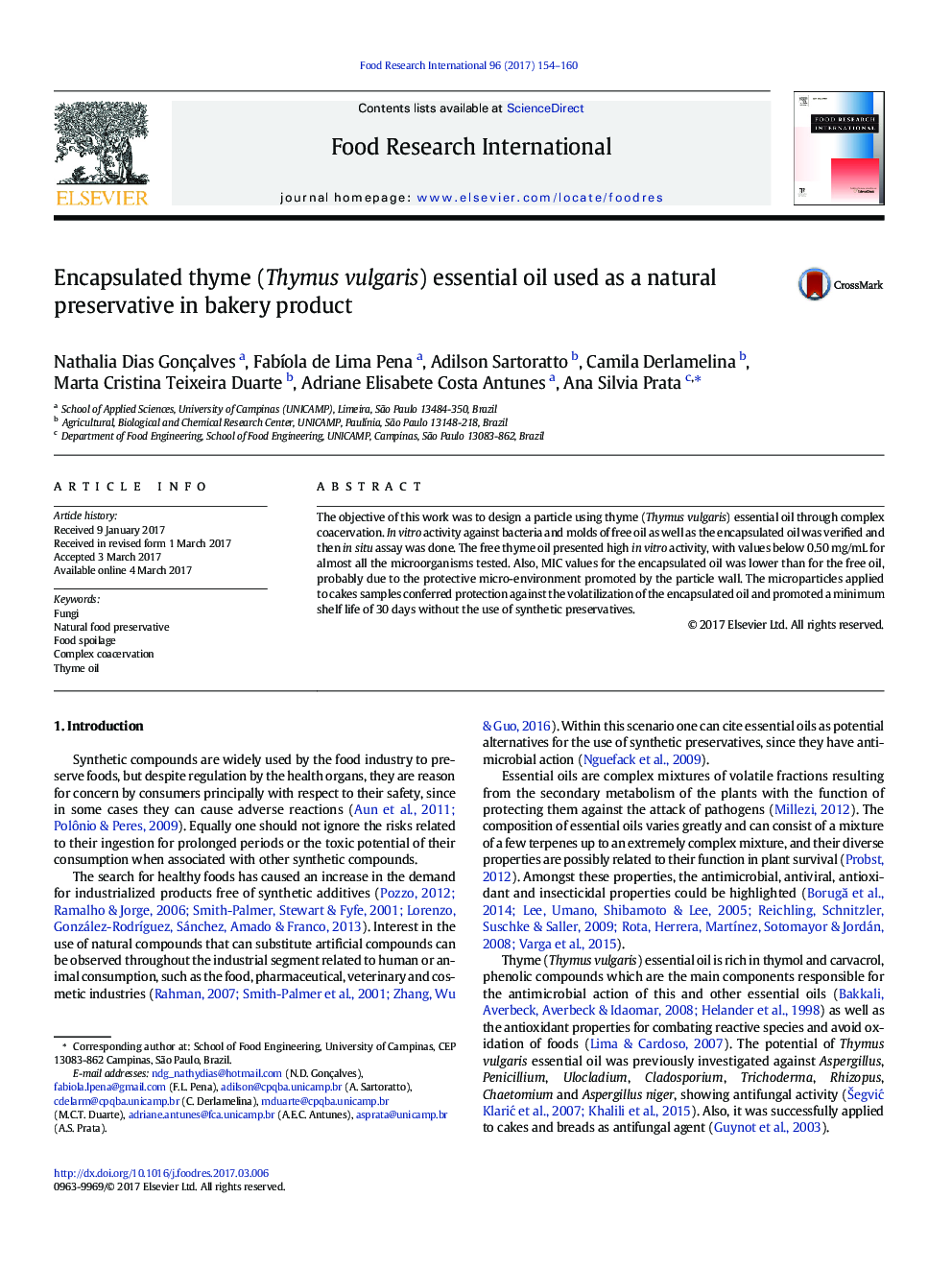 Encapsulated thyme (Thymus vulgaris) essential oil used as a natural preservative in bakery product