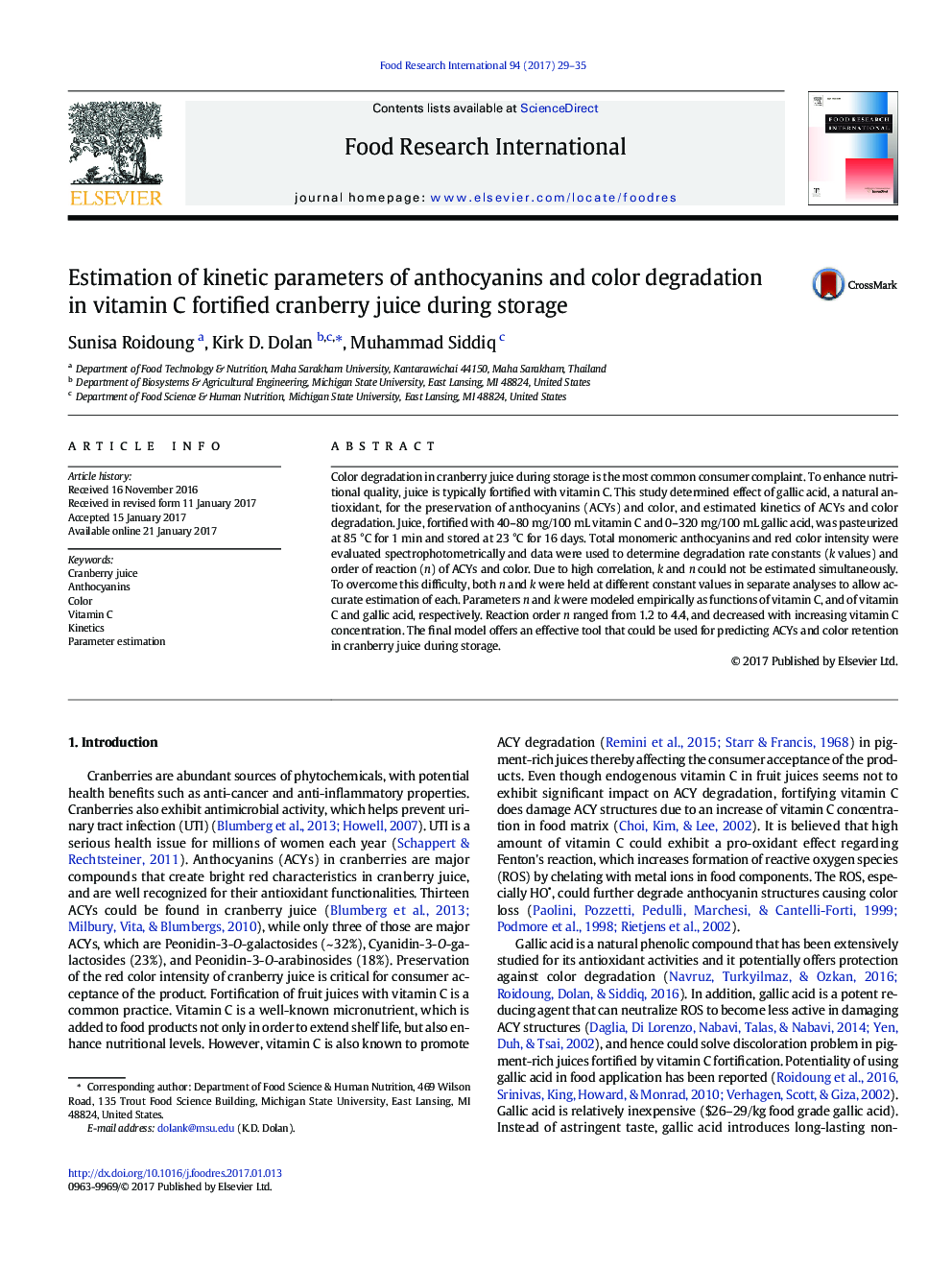 Estimation of kinetic parameters of anthocyanins and color degradation in vitamin C fortified cranberry juice during storage