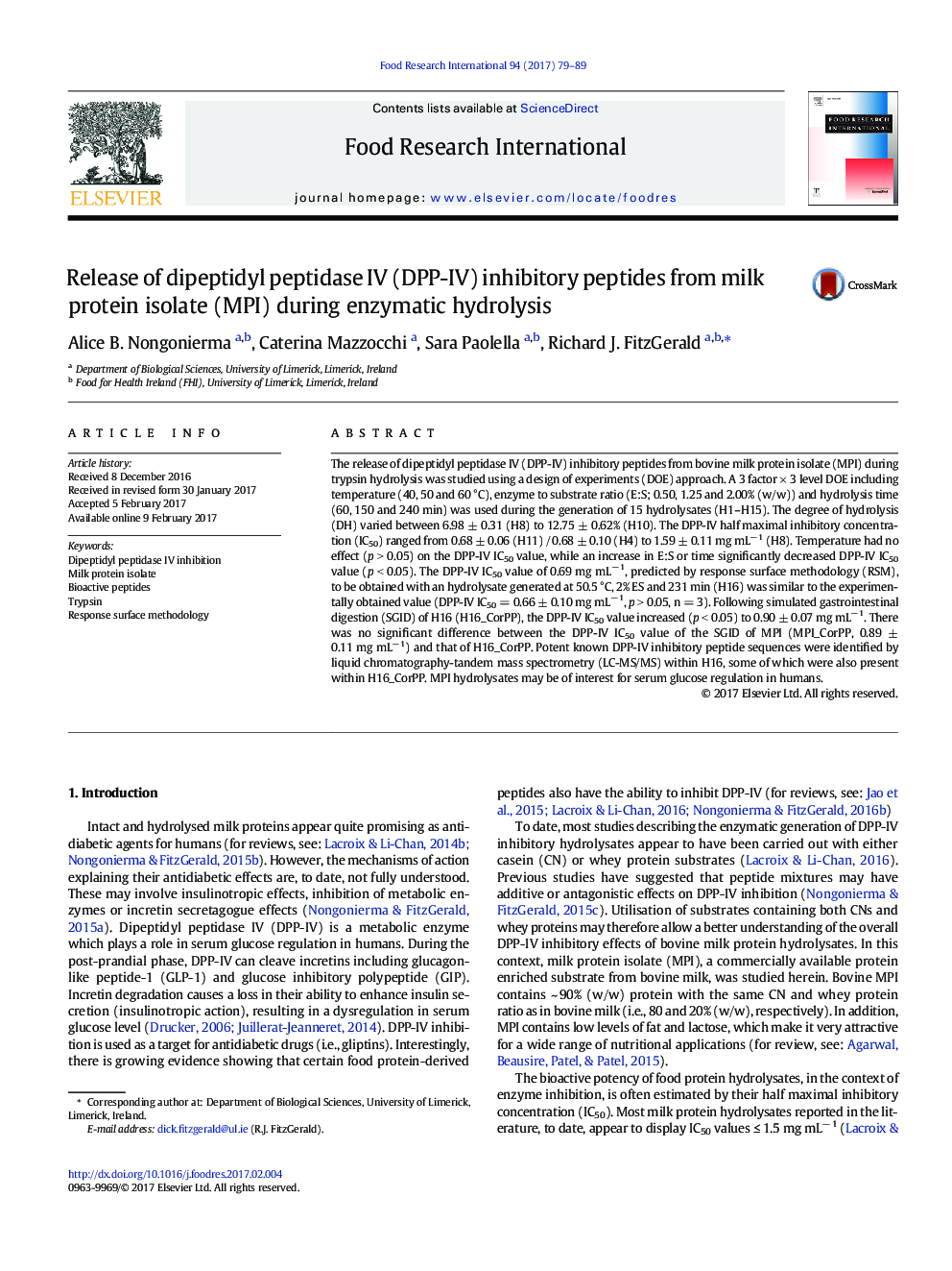 Release of dipeptidyl peptidase IV (DPP-IV) inhibitory peptides from milk protein isolate (MPI) during enzymatic hydrolysis