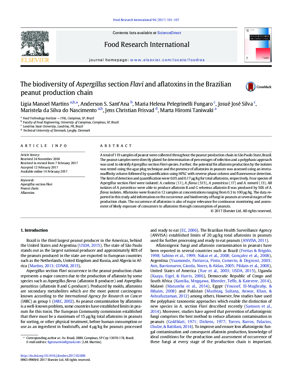 The biodiversity of Aspergillus section Flavi and aflatoxins in the Brazilian peanut production chain