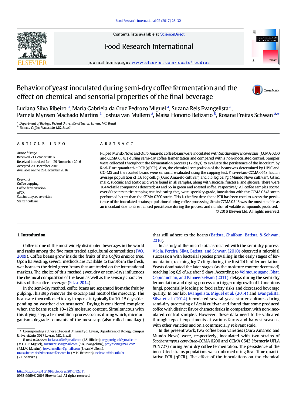 Behavior of yeast inoculated during semi-dry coffee fermentation and the effect on chemical and sensorial properties of the final beverage