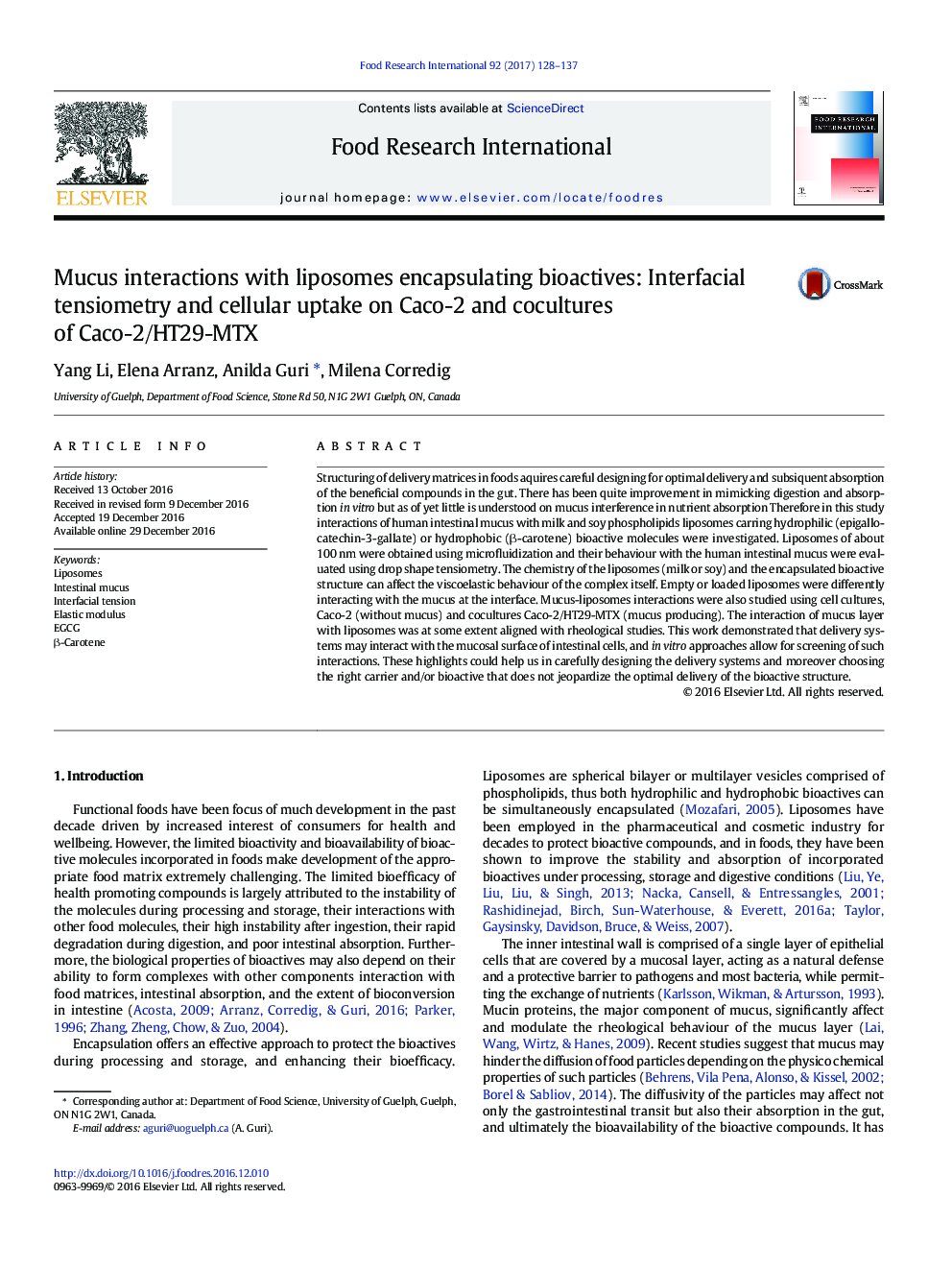 Mucus interactions with liposomes encapsulating bioactives: Interfacial tensiometry and cellular uptake on Caco-2 and cocultures of Caco-2/HT29-MTX