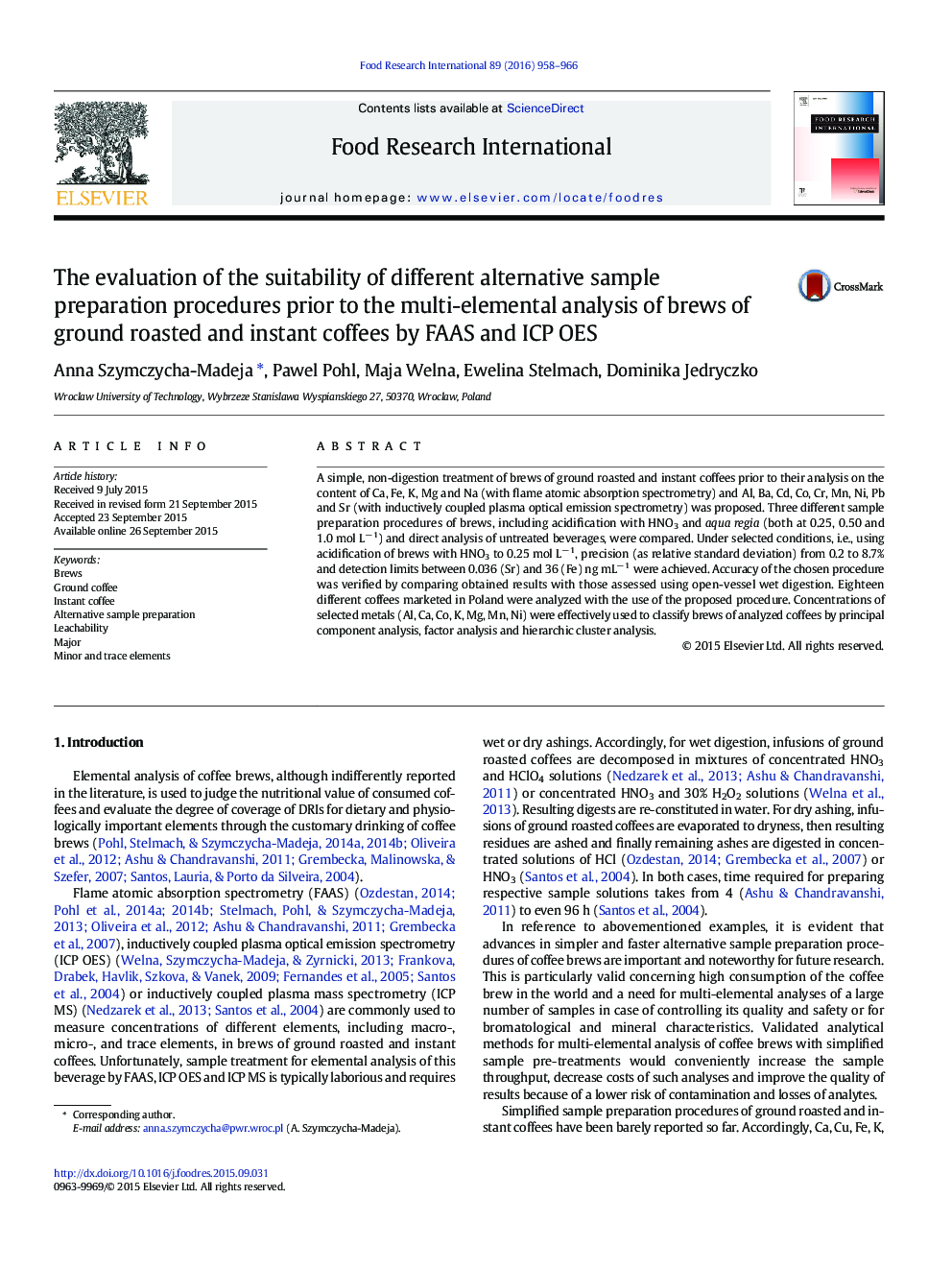 The evaluation of the suitability of different alternative sample preparation procedures prior to the multi-elemental analysis of brews of ground roasted and instant coffees by FAAS and ICP OES