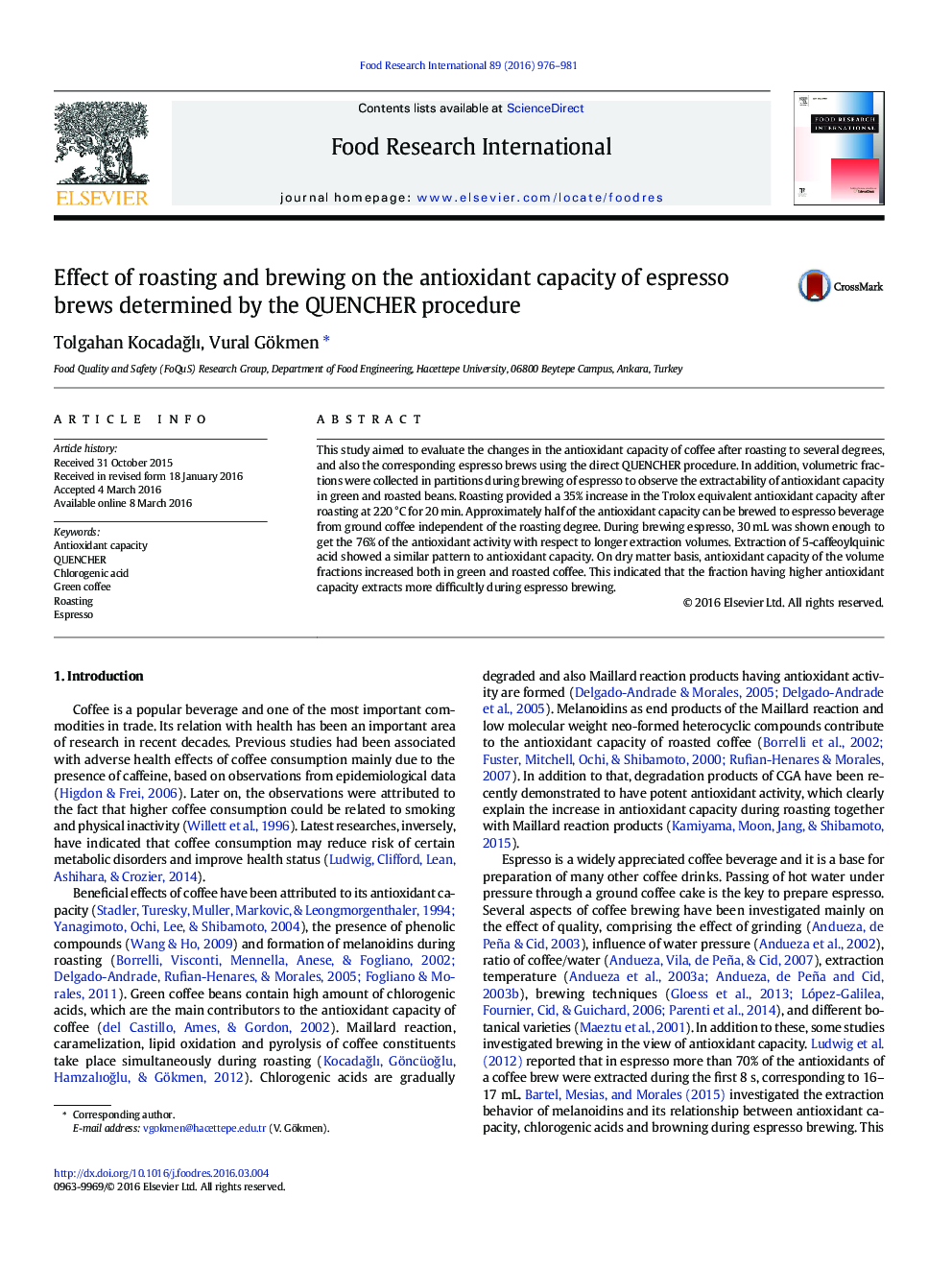 Effect of roasting and brewing on the antioxidant capacity of espresso brews determined by the QUENCHER procedure