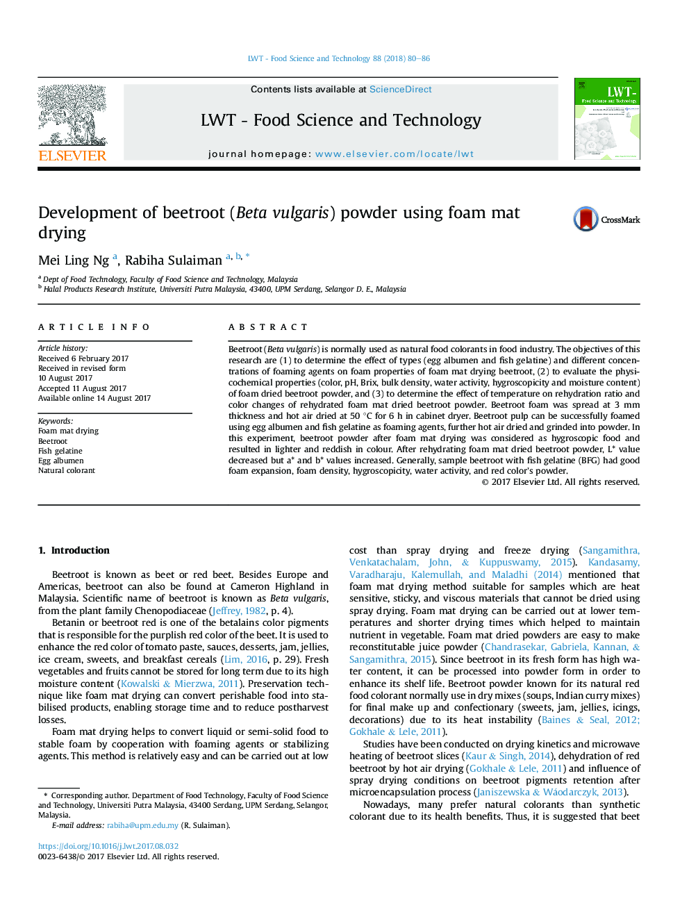 Development of beetroot (Beta vulgaris) powder using foam mat drying