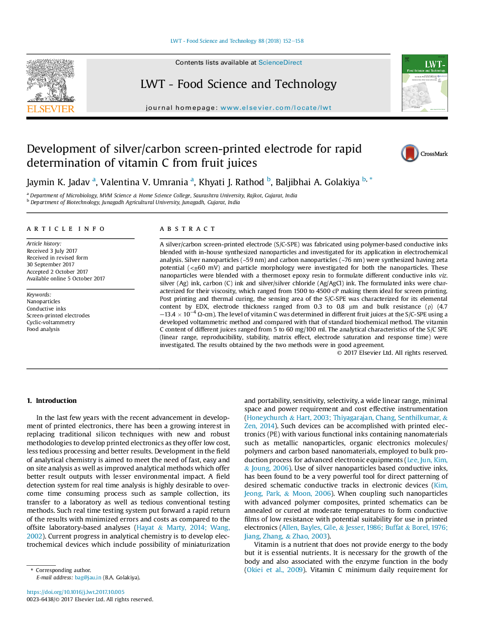 Development of silver/carbon screen-printed electrode for rapid determination of vitamin C from fruit juices