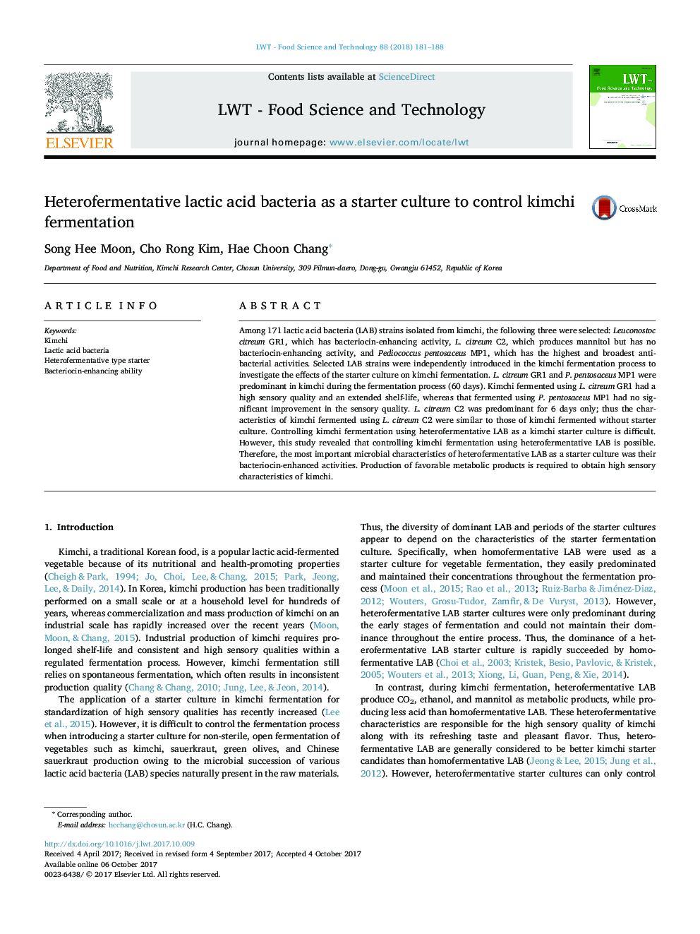 Heterofermentative lactic acid bacteria as a starter culture to control kimchi fermentation