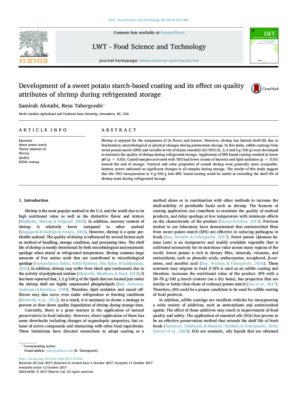 Development of a sweet potato starch-based coating and its effect on quality attributes of shrimp during refrigerated storage