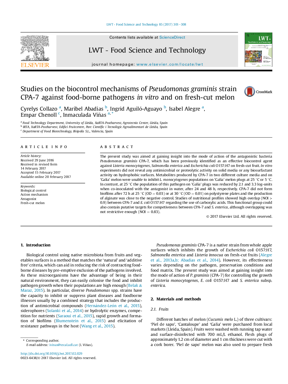 Studies on the biocontrol mechanisms of Pseudomonas graminis strain CPA-7 against food-borne pathogens inÂ vitro and on fresh-cut melon