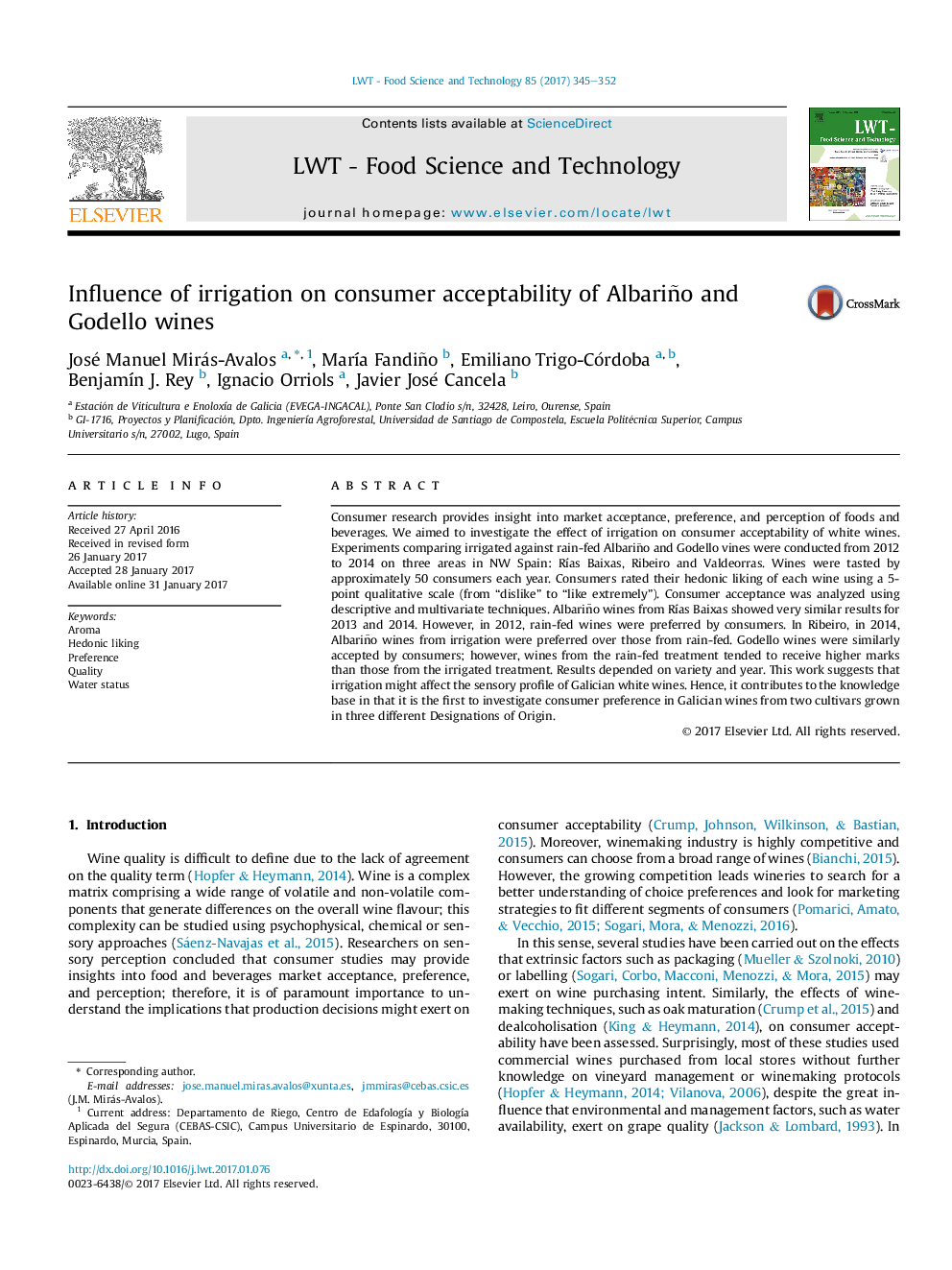 Influence of irrigation on consumer acceptability of Albariño and Godello wines